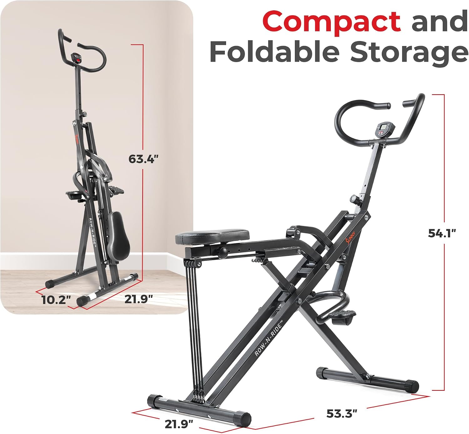 Sunny Health & Fitness Row-N-Ride Squat Machines, Adjustable Resistance and Seating/Handle for Home Glutes Training, SunnyFit App Access Included