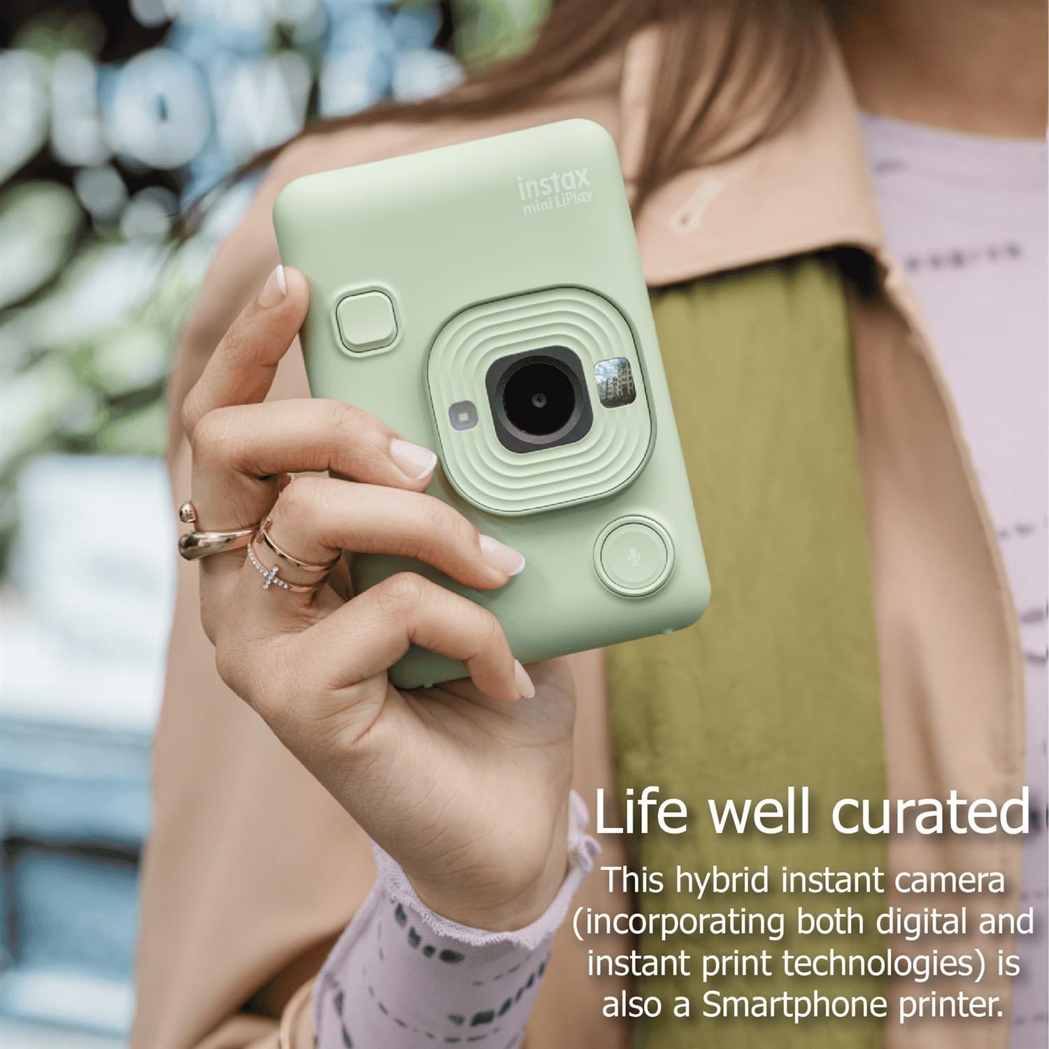 Fujifilm INSTAX Mini LiPlay Hybrid Instant Camera Bundle with 20 Sheets INSTAX Mini Film, 32GB microSD Card, USB Charging Cable, Hand Strap, Cleaning Cloth (Matcha Green)