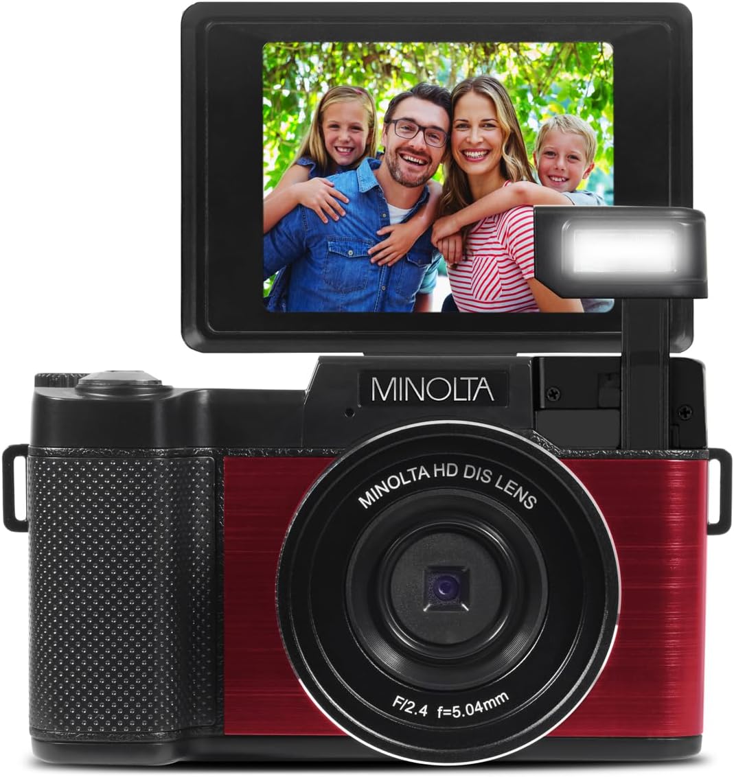 Minolta 30MP Digital Camera – 2.7K Ultra HD Video, 3-inch 180° LCD Screen, Face Detection, Anti-Shake, 9 Scene Modes, Photo Burst, Panorama, CMOS Sensor, 32GB Card (Red)