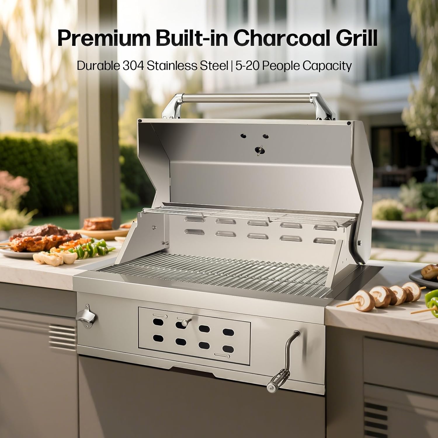 Large Built-In Charcoal BBQ Grill, Charcoal Grills with Liftable Tray, Insulated Hood & Temperature Gauge, Heavy-Duty Stainless Steel Barbecue Grill for Outdoor Kitchen, Family Parties, and Camping