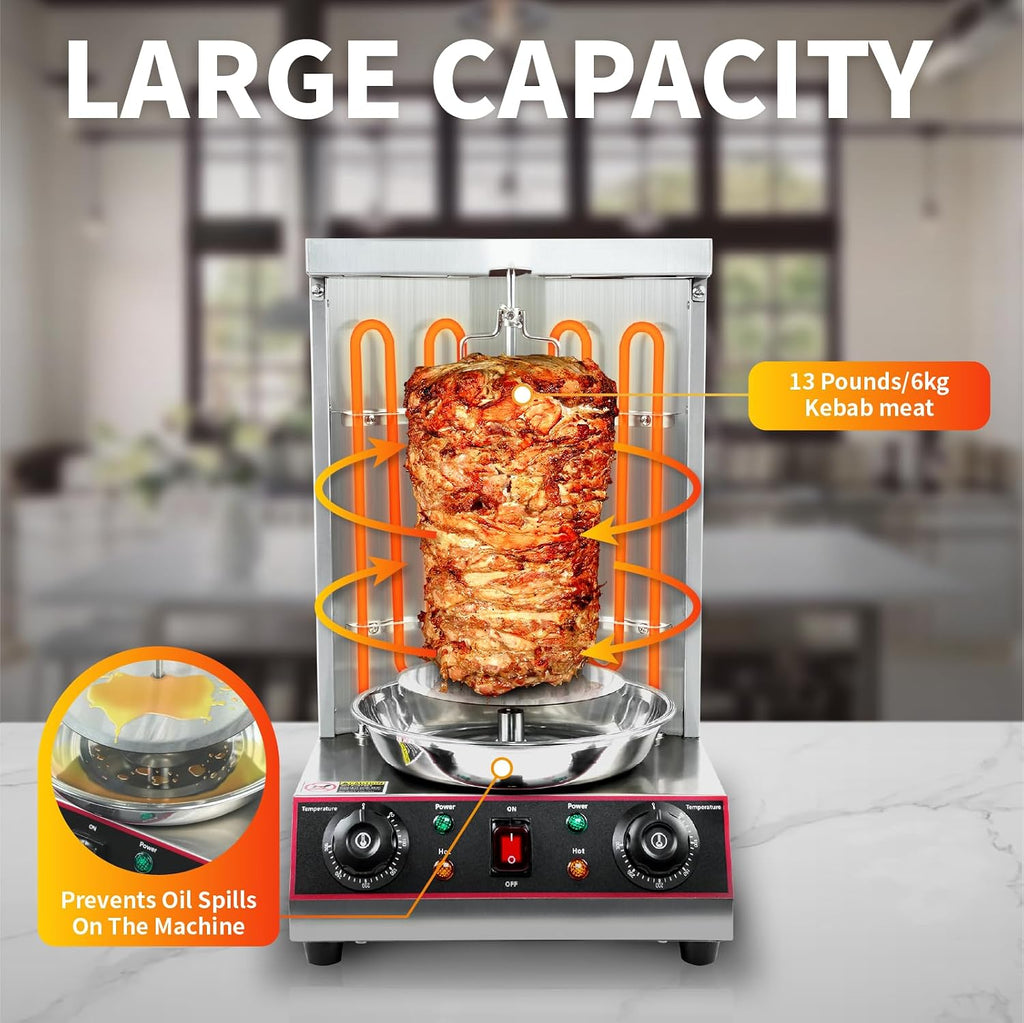 Shawarma Grill Machine, Electric Vertical Rotisserie with 2 Burners, Rotating Chicken Rotisserie Machine Broiler Gyro with Shovel
