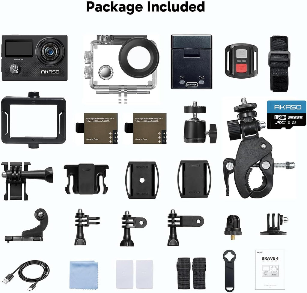 AKASO Brave 4 Action Camera with 256GB MicroSDXC U3 Card 4K30FPS 20MP Ultra HD 131FT Waterproof Underwater Camera EIS WiFi Remote Control 5X Zoom Sport Camera with Motorcycle Bicycle Accessories Kit