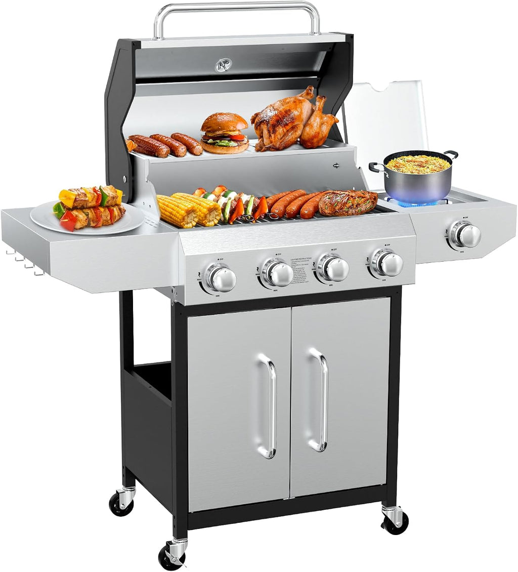 Llamaviva 4 Burner Gas Grill with Side Burner 60000 BTU Propane Flat Top Grill Stainless Steel Outdoor BBQ Grill Portable with Wheels for Patio Camping