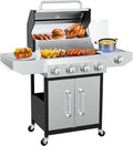 Llamaviva 4 Burner Gas Grill with Side Burner 60000 BTU Propane Flat Top Grill Stainless Steel Outdoor BBQ Grill Portable with Wheels for Patio Camping