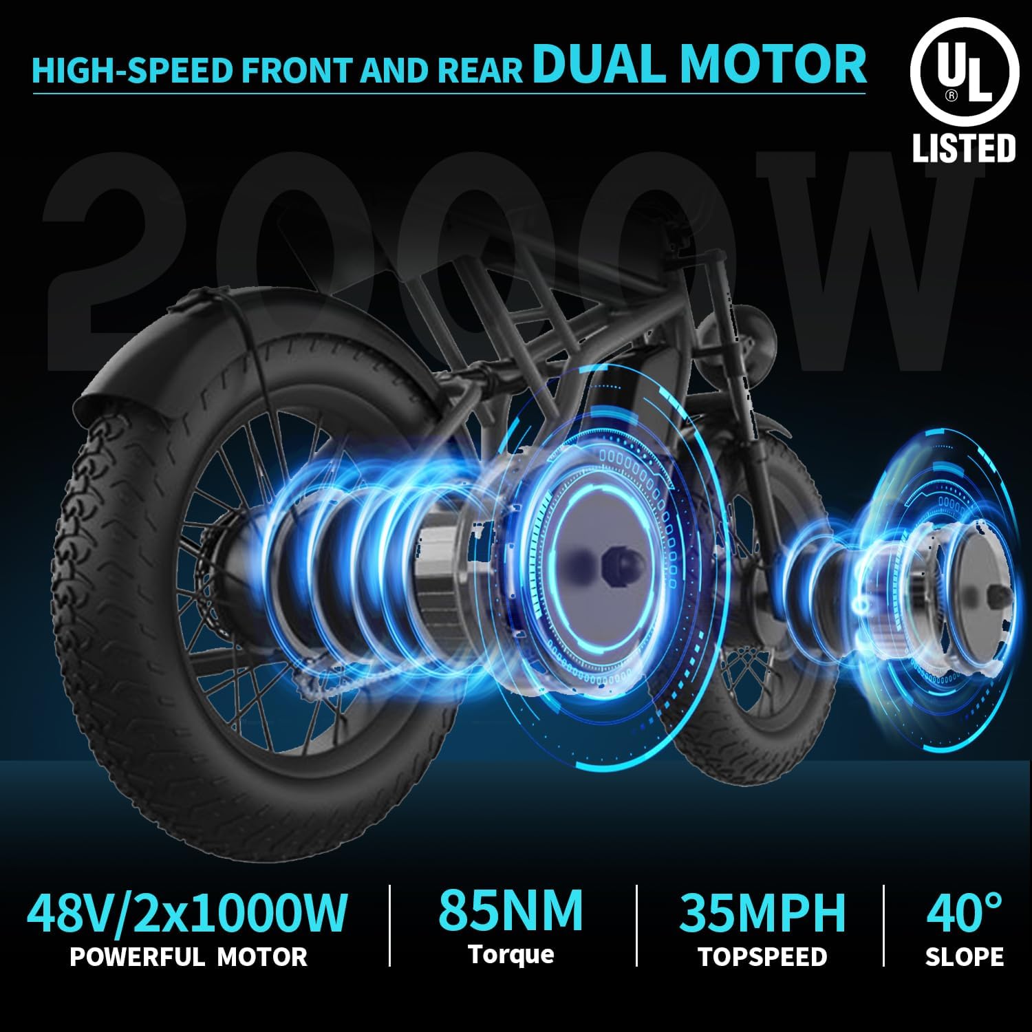 Freego Electric Motorcycle Bike for Adults, Dual Motor & Dual Battery, 2000W/48V/55Ah, 20'x4.0' Fat Tires Off Road Electric Dirt Bike Bicycle,34MPH & 103 Miles EBike UL 2849 Certified