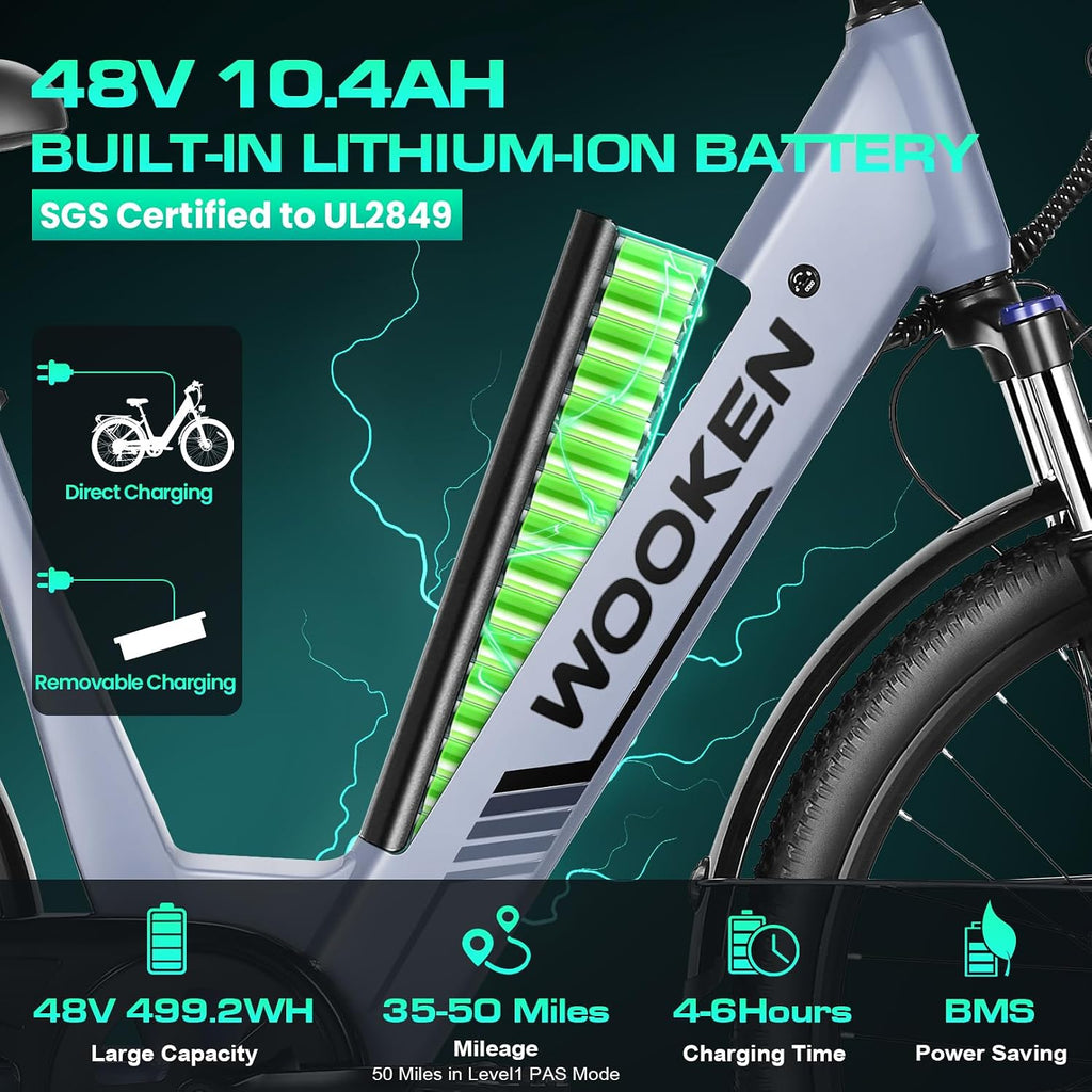 Wooken Electric Bike for Adults, 1000W Peak Ebike, 26' x 2.1' Tire Step Through Electric Bike, City Cruiser Ebike with 48V 10.4/15Ah Removable Battery, 7 Speed, SGS Certified to UL2849
