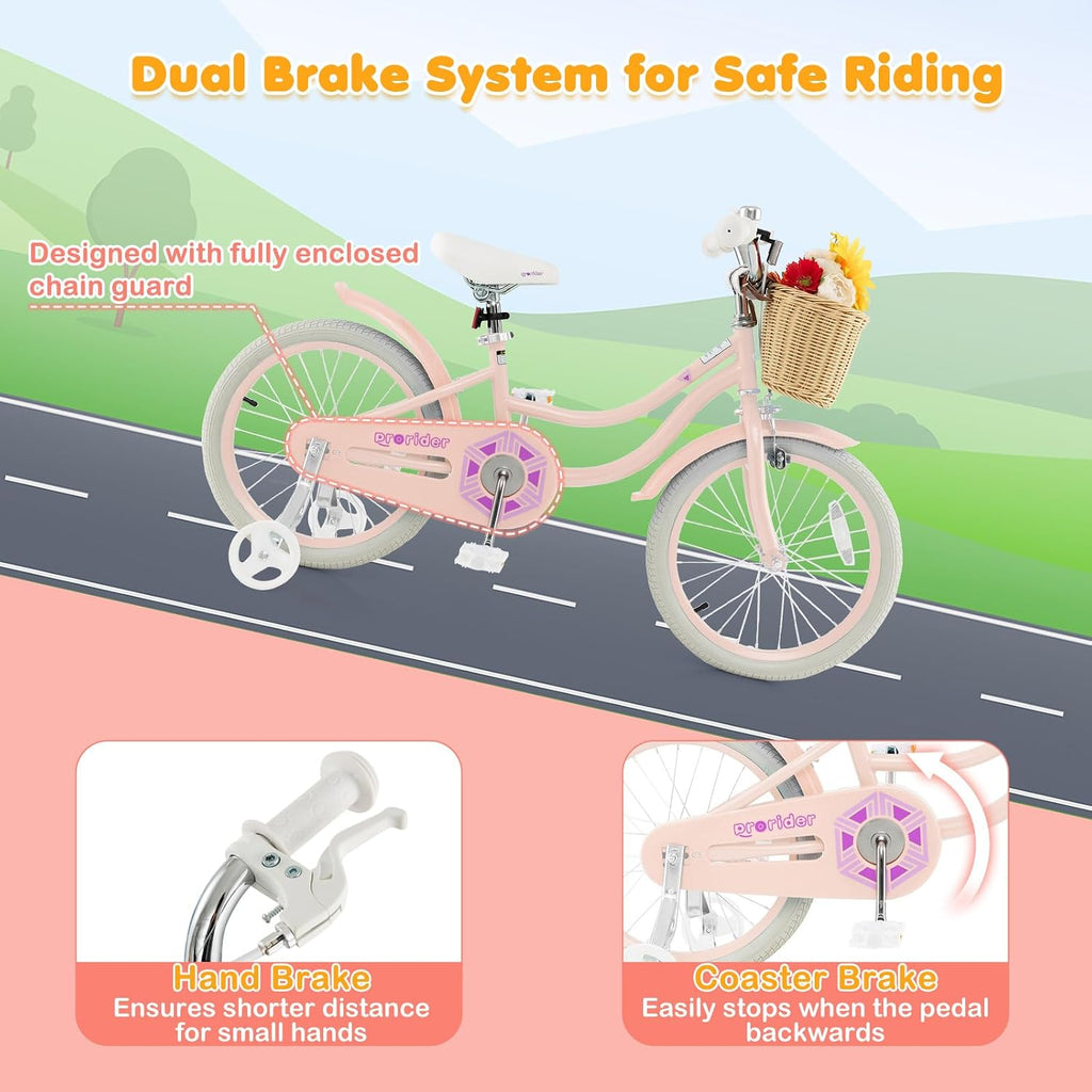 BABY JOY Kids Bike, 14 16 18 Inch Retro Kids Bicycles for 3-8 Years Old Children with Training Wheels, Adjustable Height, Rattan Basket, Handbrake & Coaster Brake, Boys Girls Bike (Pink, Green, Blue)