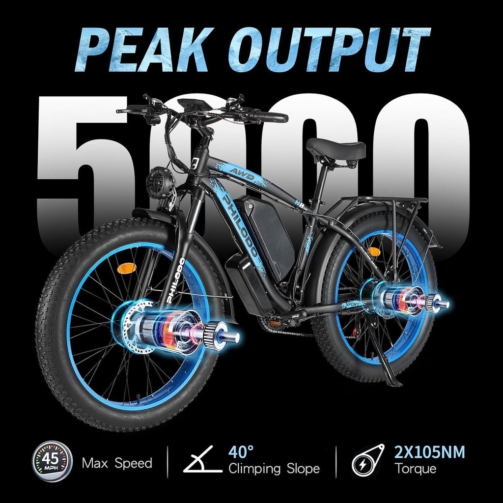 5000w Dual Motor E-Bike 60V Electric Bike for Adults,45 MiIe P-Hour Full Suspension Hydraulic Disc Brakes EBike,26/24x4 Fat Tires Mountain Bikes for All Terrain Snow/Sand