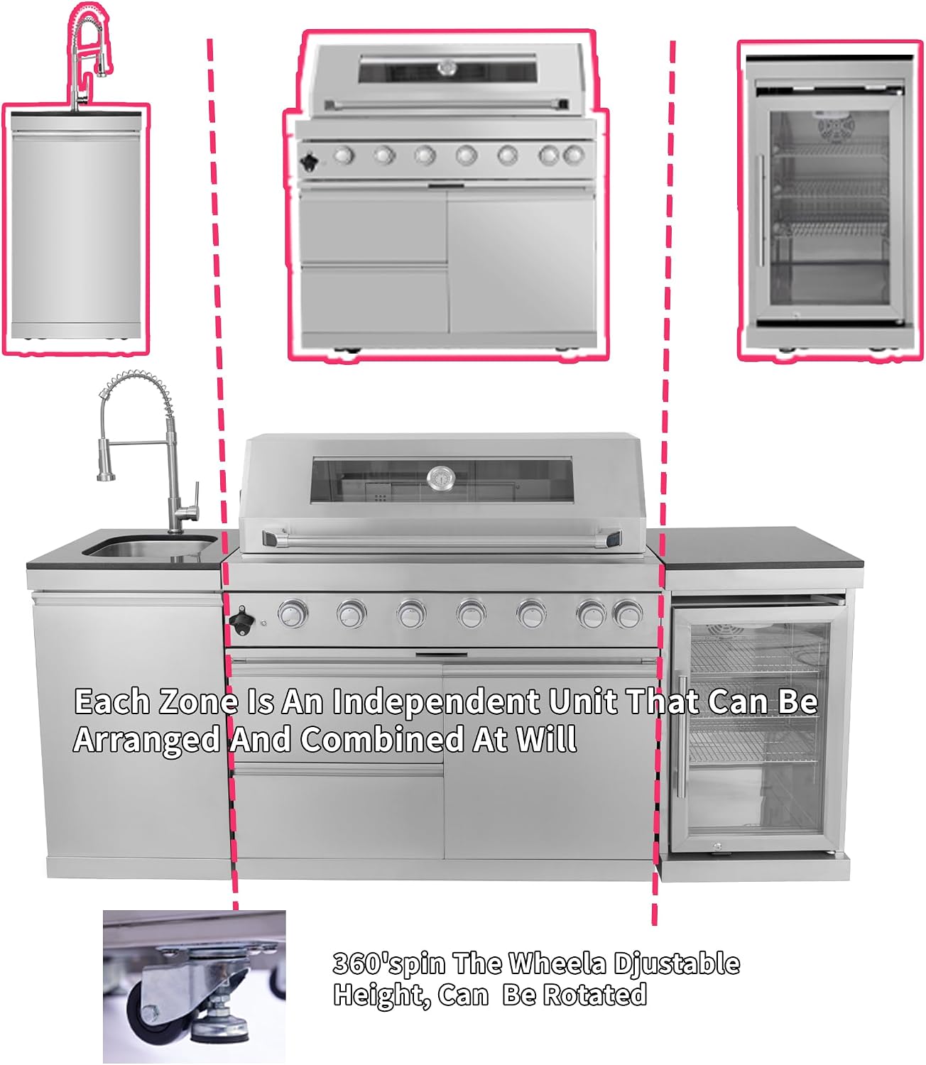 82-Inch 6-Burner Propane Gas Outdoor Grill Island, 85000 BTU Stainless Steel BBQ with Refrigerator, Granite Countertops, For Backyard BBQ, Silver