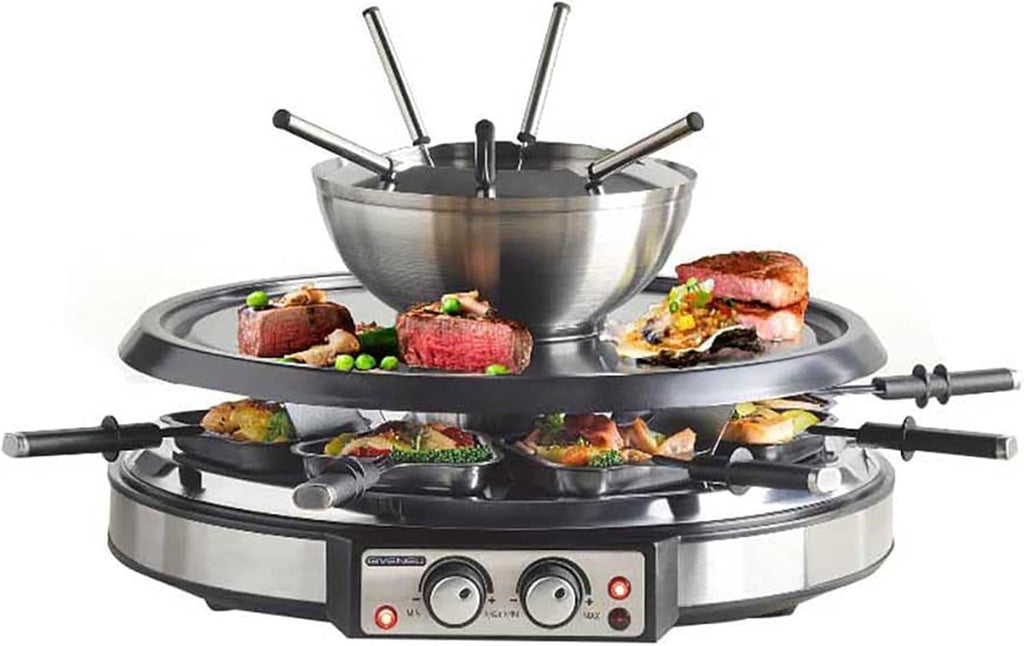 GIVENEU 2-in-1 Electric Fondue Pot Set & Raclette Grill Combo (8 Person), 1500W Indoor Tabletop BBQ with 600ml Stainless Steel Cheese/Chocolate Melting Pot, Dual Thermostats for Holiday Family Parties
