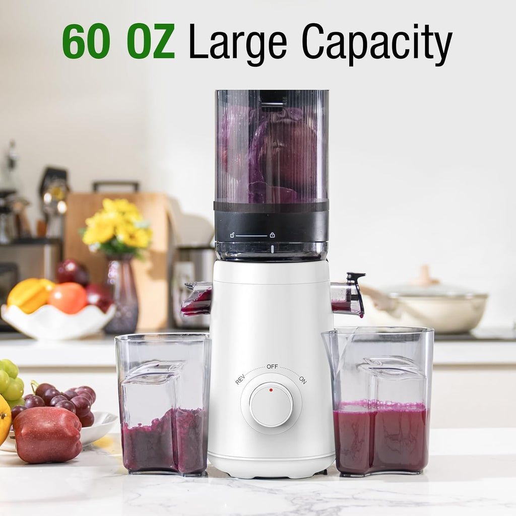 TUUMIIST Cold Press Juicer Machine, 5.3 Inch Extra Large Feed Chute for Whole Fruits, Easy to Clean Slow Juicer, High Yield, BPA Free - Classic White