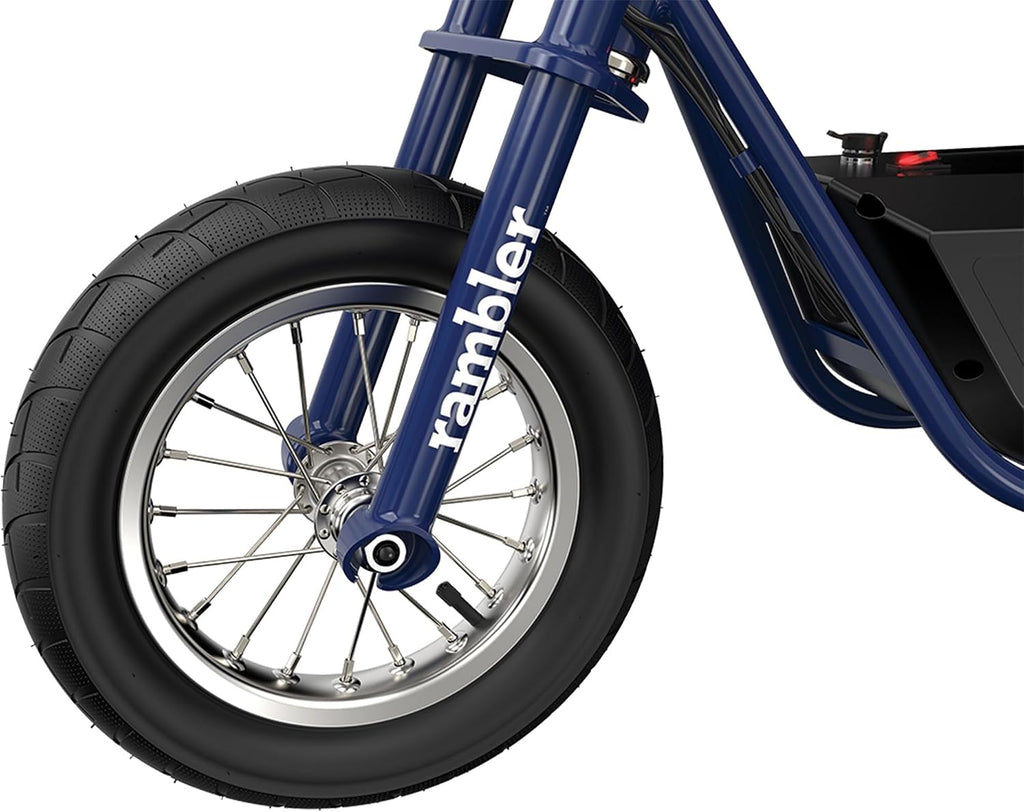 Razor Rambler 12 Electric Retro Mini Bike Ride for Teens Ages 13+, 170 lb Max Weight, Dark Blue – 250W Motor, Up to 14 Mph, 40-Min Run Time, Twist-Grip Throttle, Spoked Wheels w/ 12' Pneumatic Tires