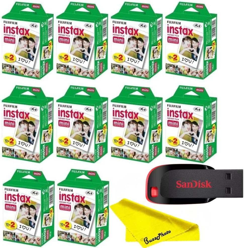 Fujifilm Instax Mini Instant Camera Film with Sandisk 32 GB USB Flash Drive + 10 x Mini Twin Packs (200 Sheets) and Buzz-Photo Microfiber Cleaning Cloth