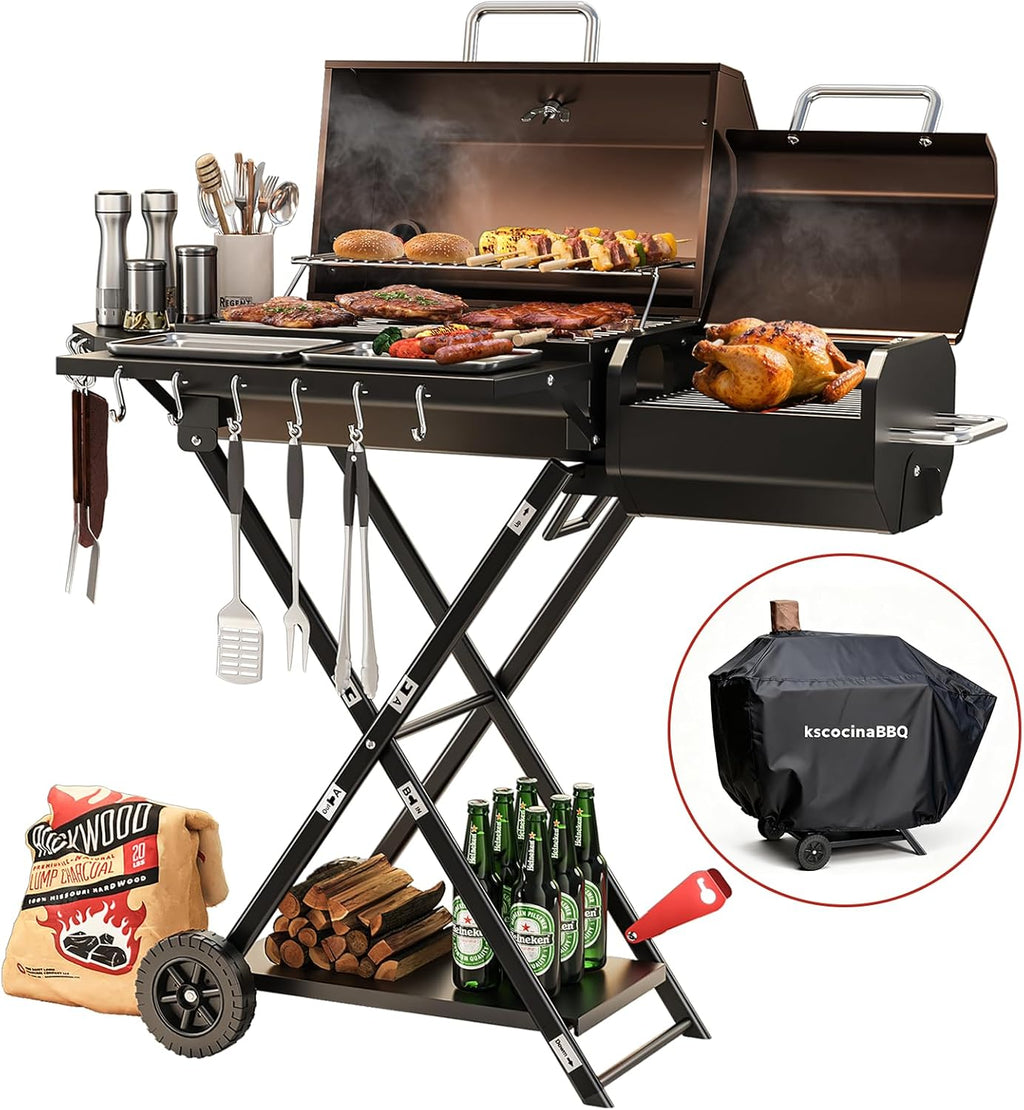 Portable Charcoal Grill with Smoking Function, Foldable Suitcase Design with Wheels, Multi-Tier Storage Rack & Waterproof Cover for Outdoor BBQ Parties (Khaki)