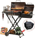 Portable Charcoal Grill with Smoking Function, Foldable Suitcase Design with Wheels, Multi-Tier Storage Rack & Waterproof Cover for Outdoor BBQ Parties (Khaki)