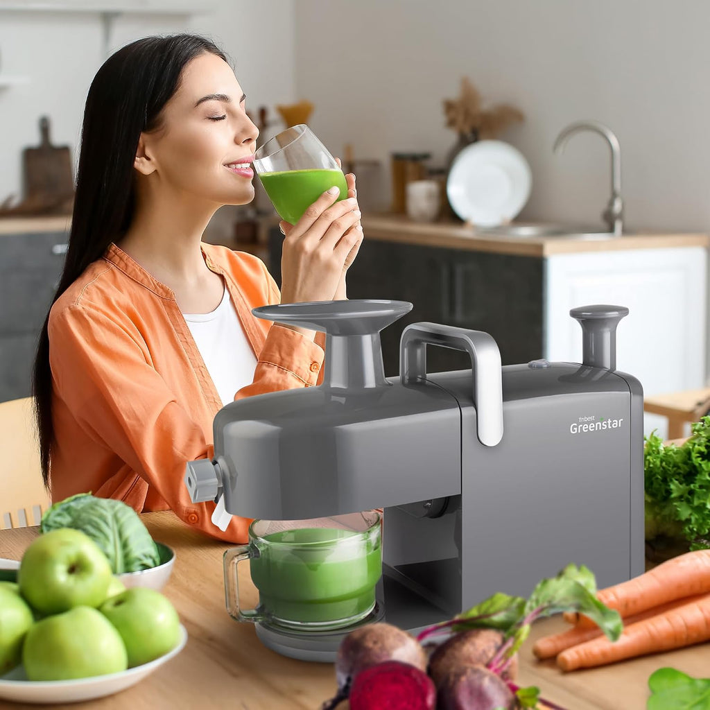 Tribest Greenstar 5 GS5 All Stainless Steel Twin Gear Cold Press Masticating Juicer with Easy Clean Housing, Screen Cleaning Tool and Glass Pitcher, Gray
