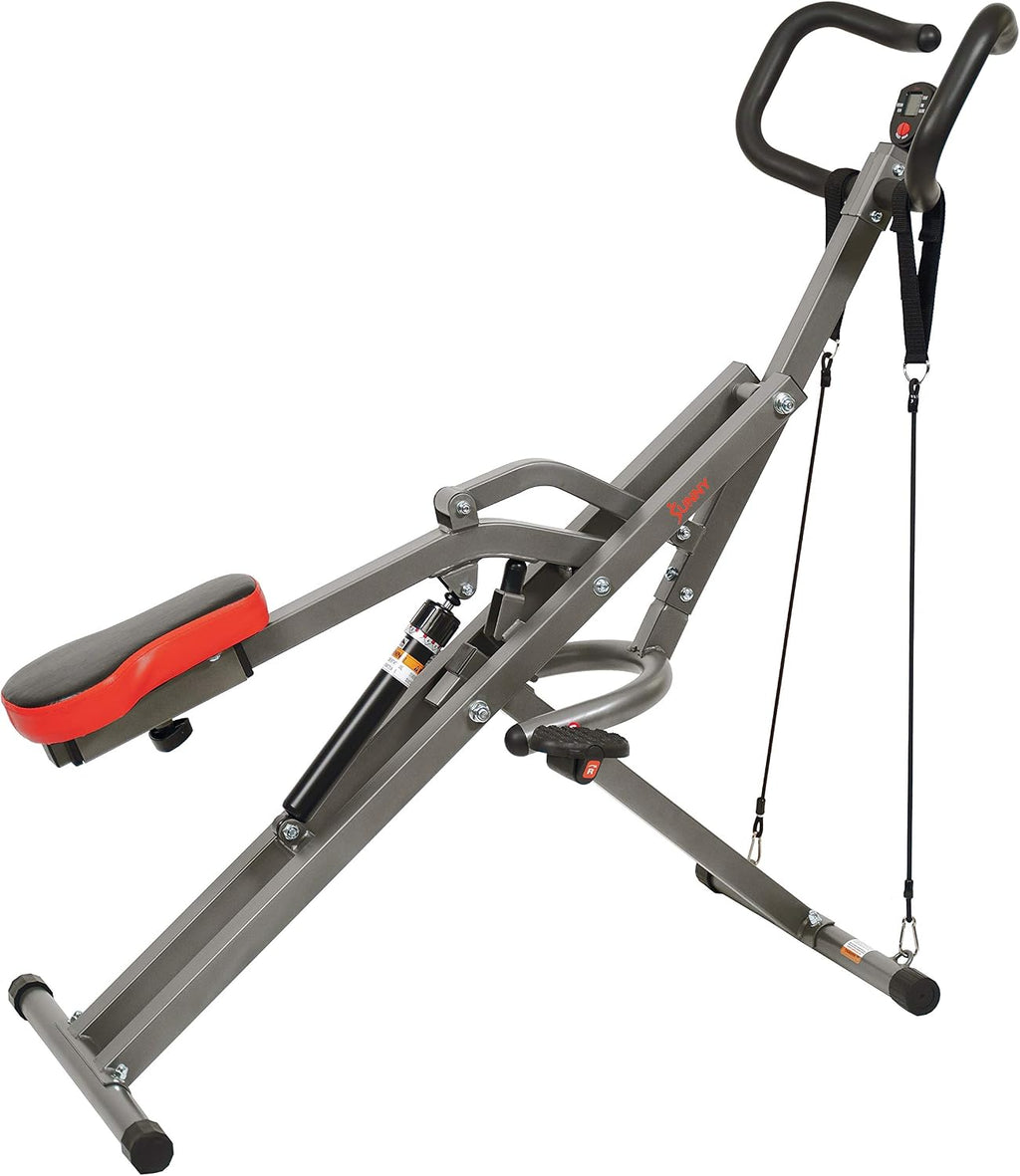 Sunny Health & Fitness Row-N-Ride PRO, Full Body Combo Squat Machine w/Optional Resistance Band, Easy Setup Ab Workout Exercise Equipment for Home, Whole Body Cardio, Optional SunnyFit App Connection