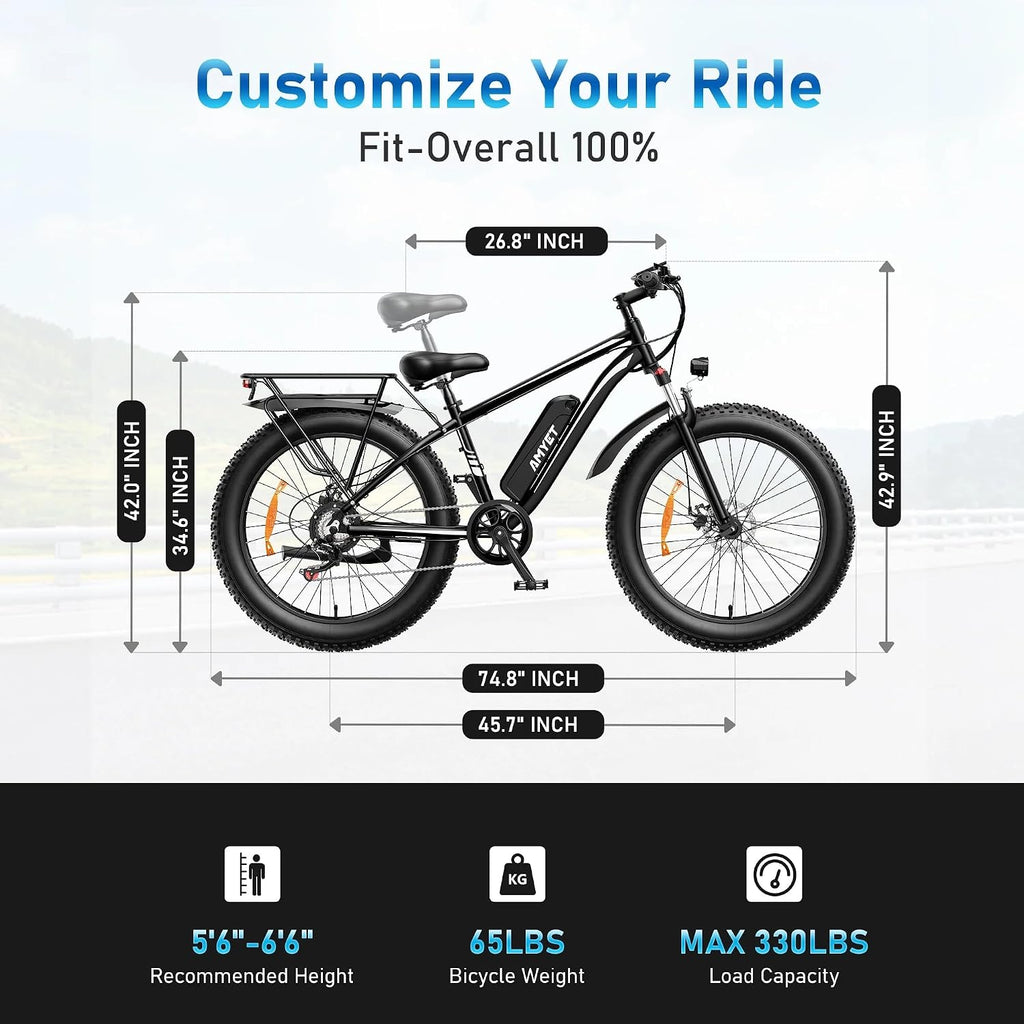 AMYET EB26 Electric Bike for Adults Peak 1500W Electric Bicycle 48V 15AH (720WH) Battery Electric Bike 26' Fat Tire Mountain 28mph 7 Speed Gears Ebike with UL 2849 Certified