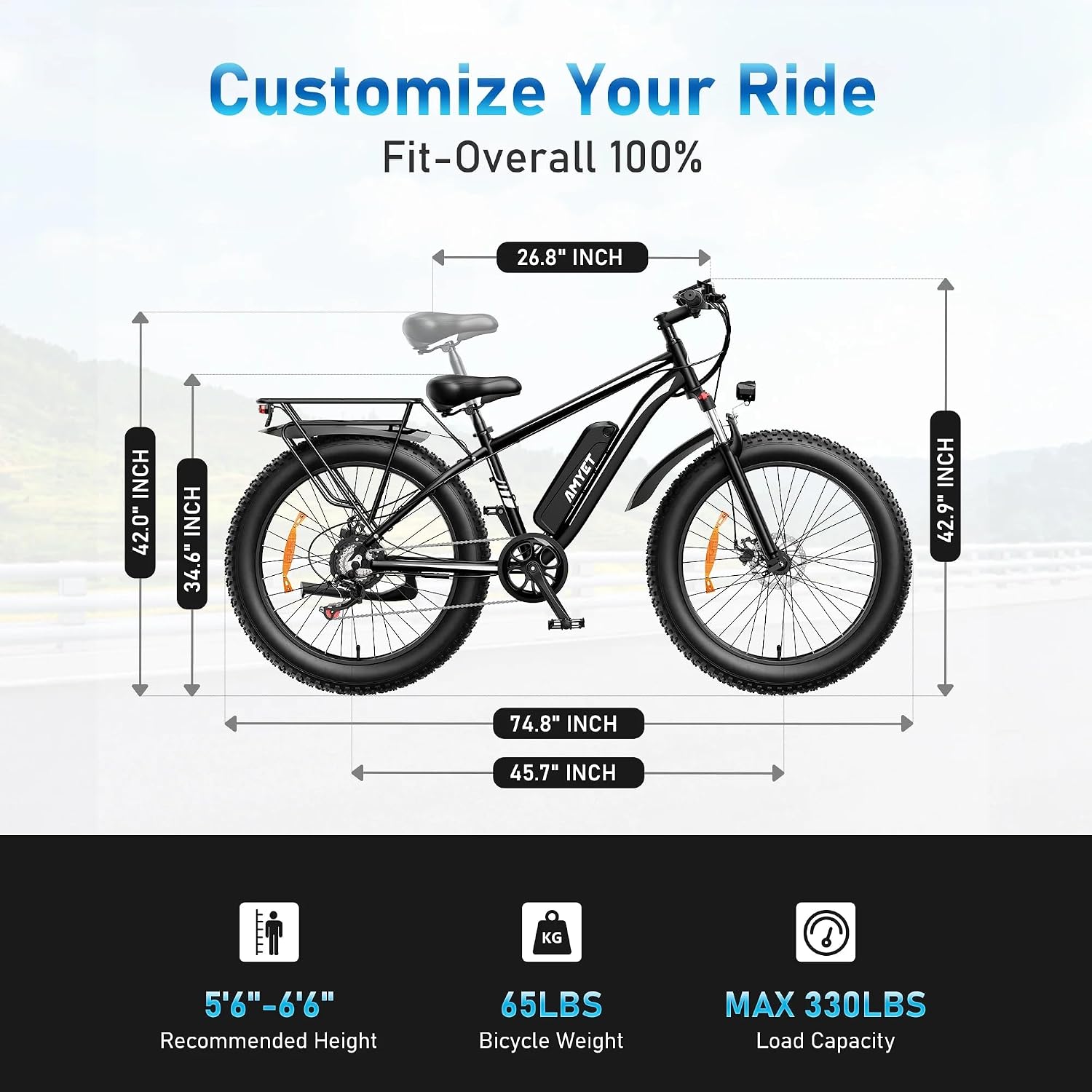 AMYET EB26 Electric Bike for Adults Peak 1500W Electric Bicycle 48V 15AH (720WH) Battery Electric Bike 26' Fat Tire Mountain 28mph 7 Speed Gears Ebike with UL 2849 Certified
