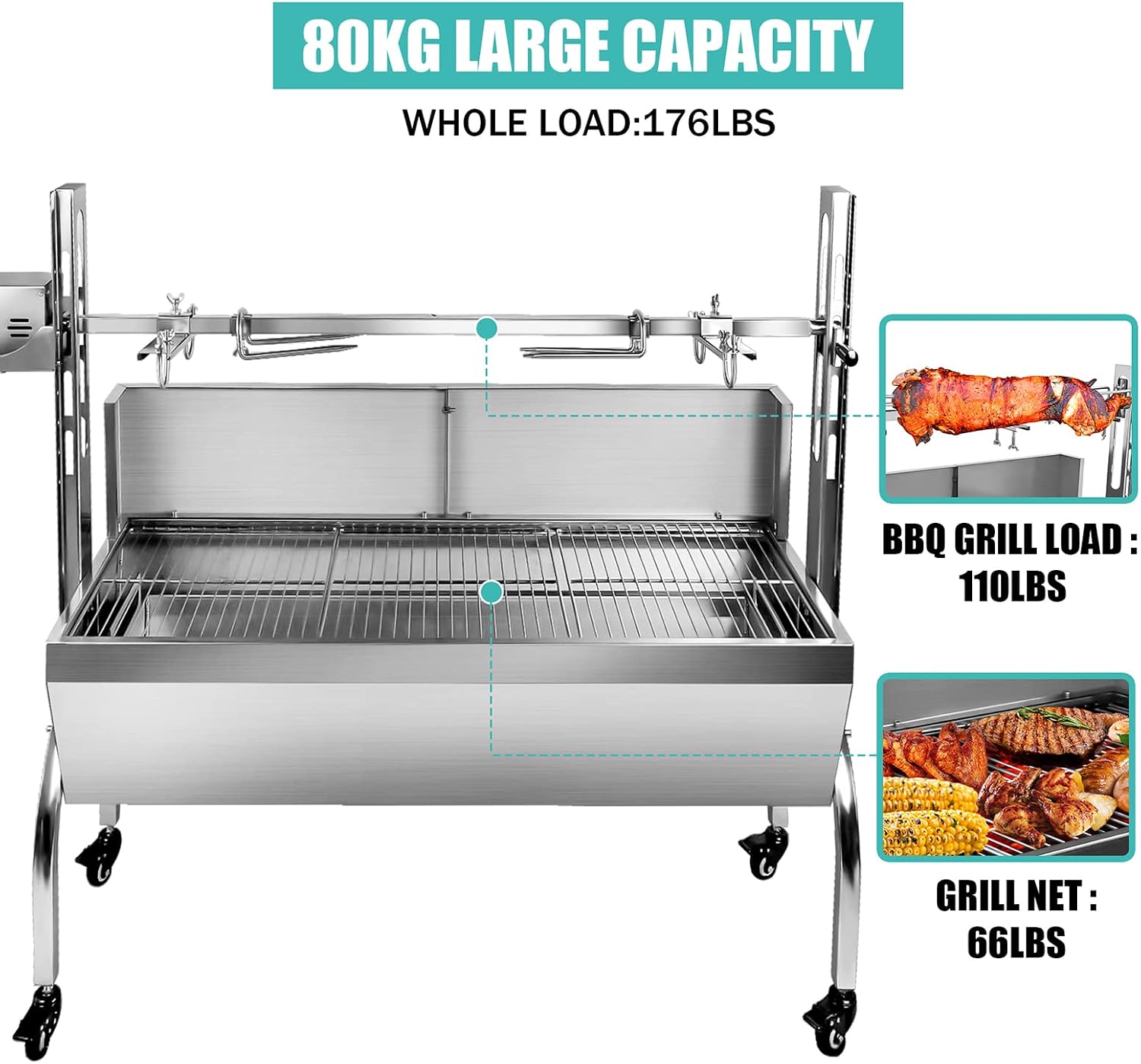 176 LBS Rotisserie Grill Stainless Steel Charcoal Spit Roaster, 48.6' Pig Lamb Hooded Roaster Charcoal Spit With 25W Motor & Adjustable Height Lockable Casters For Outdoor Party Barbecue