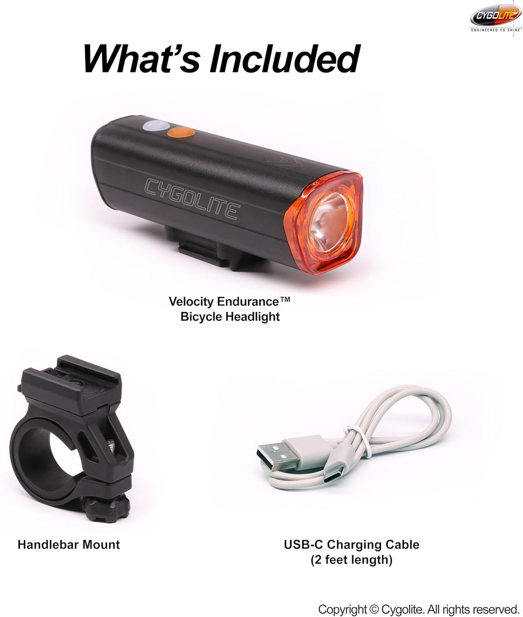 Cygolite Velocity 1600, 1200, 1000, 800 Lumen USB-C Bike Lights – Anodized Aluminum Alloy – 9 Light Modes – Fine Tunable Brightness - Compact, IP67 Waterproof – Hard Mount – Road & Mountain