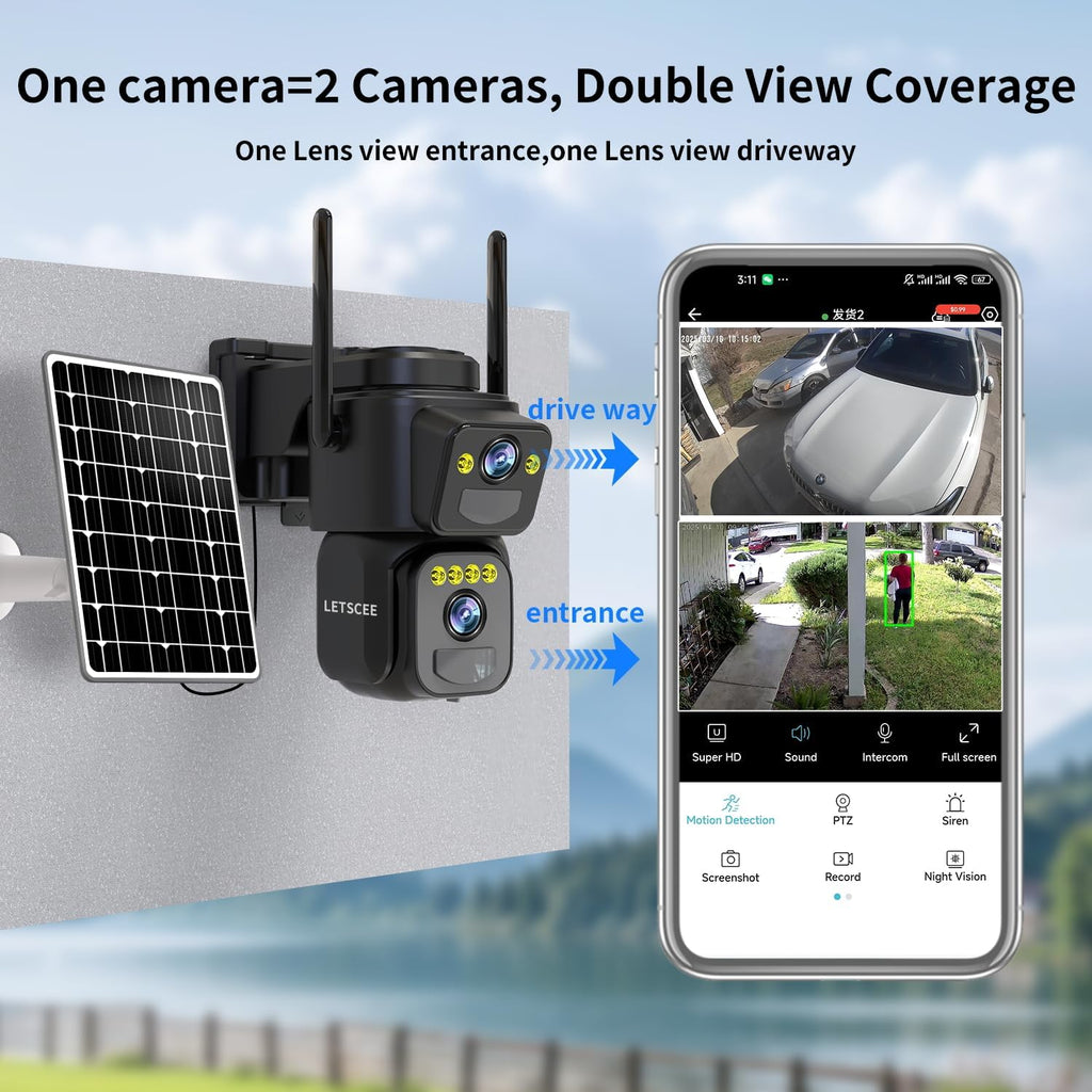 LETSCEE Security Cameras Outdoor WiFi,5G/2.4G Cameras for Home Security Solar Power with Dual Lens,Motion Detection,Night Vision,2-Way Audio,Weather Proof,No Subscription Fee