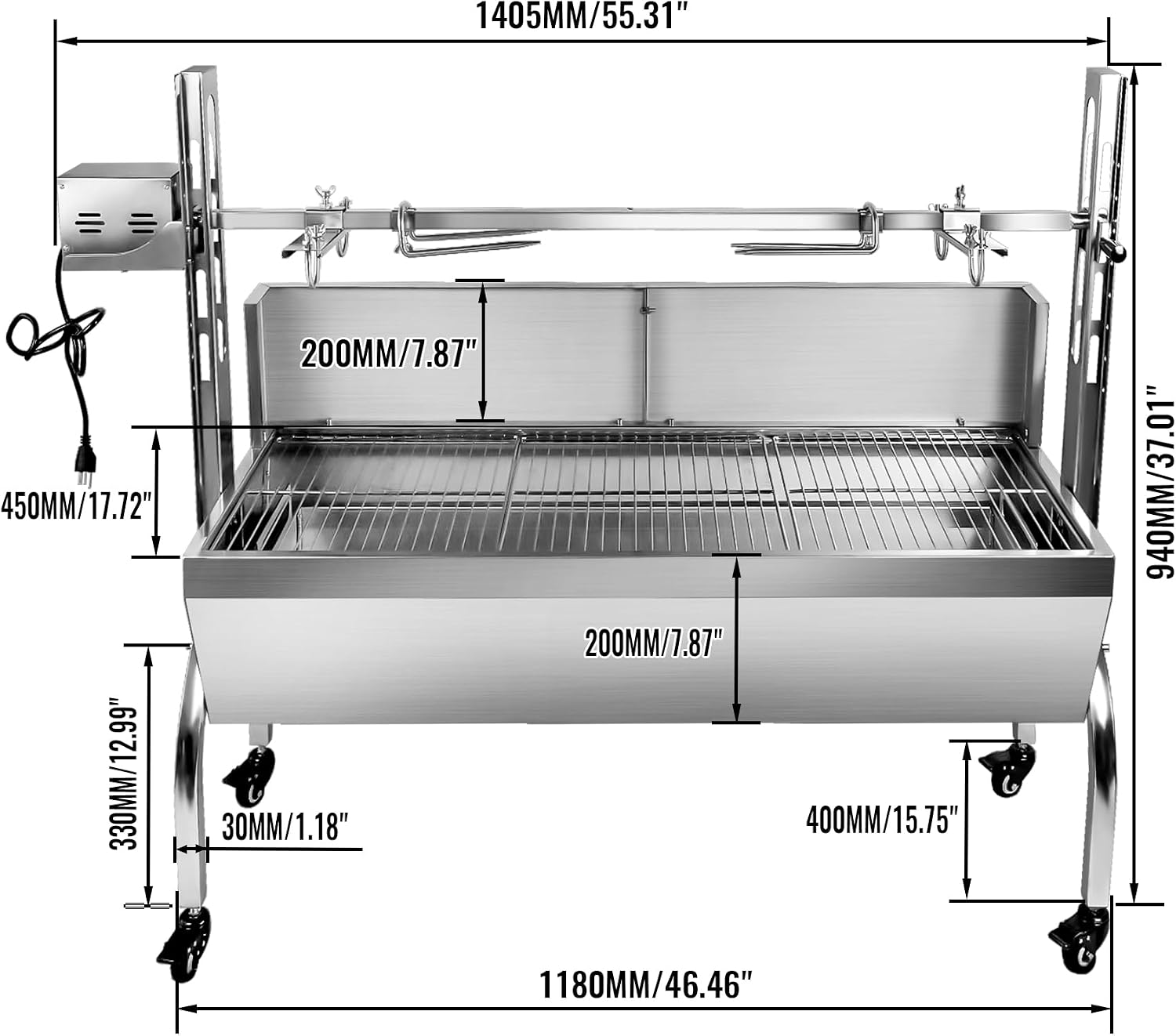 176LBS Stainless Steel Rotisserie Grill with Back Cover Guard, 25W Motor Small Pig Lamb Rotisserie Roaster, 48.7 Inch BBQ Charcoal Rotisserie Grill for Camping Outdoor Kitchen
