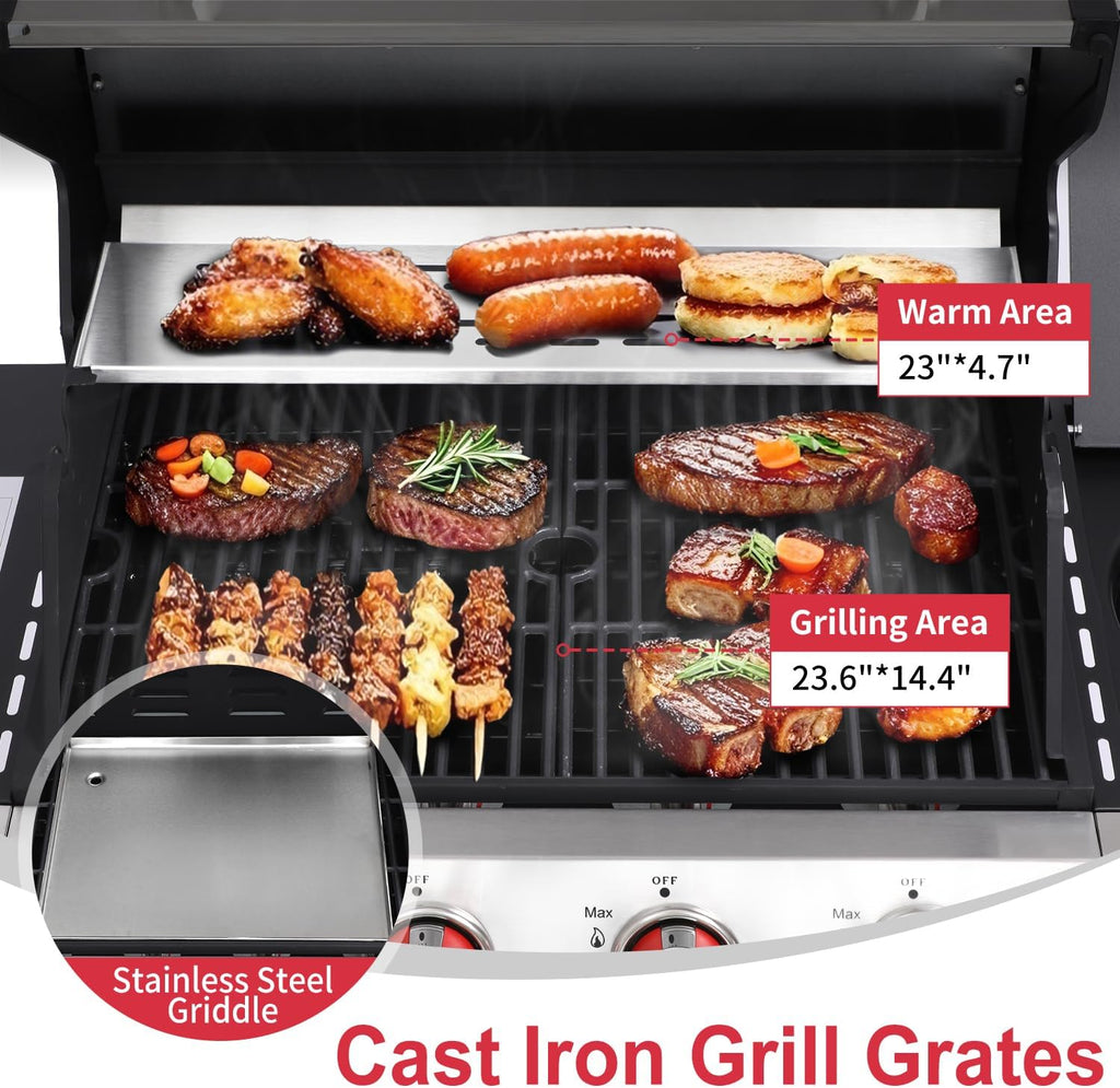4-Burner Gas Grill with Side Burner, 49,000 BTU, Outdoor BBQ Grill with Cast Iron Grates, Griddle and Charcoal Pan, 3-in-1 Convertible Cooking, Easy-Clean System & Side Shelves