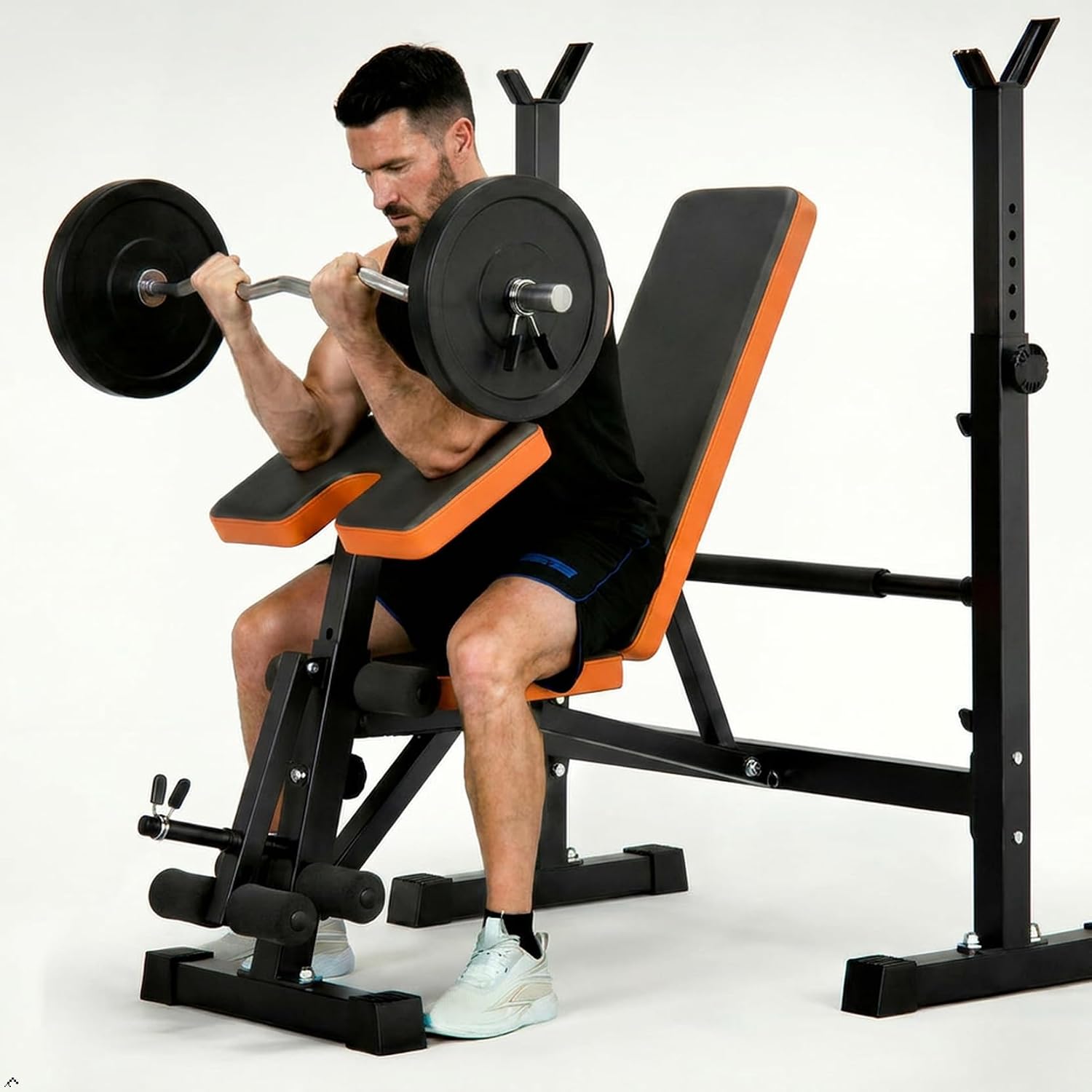 Yoleo Weight Bench with Rack - Bench Press Set, Leg Extension, Preacher Curl & Flat/Incline/Decline Full Body Workout Bench, Adjustable Olympic Weight Benches for Home Gym(47.44IN WIDE GRIP)