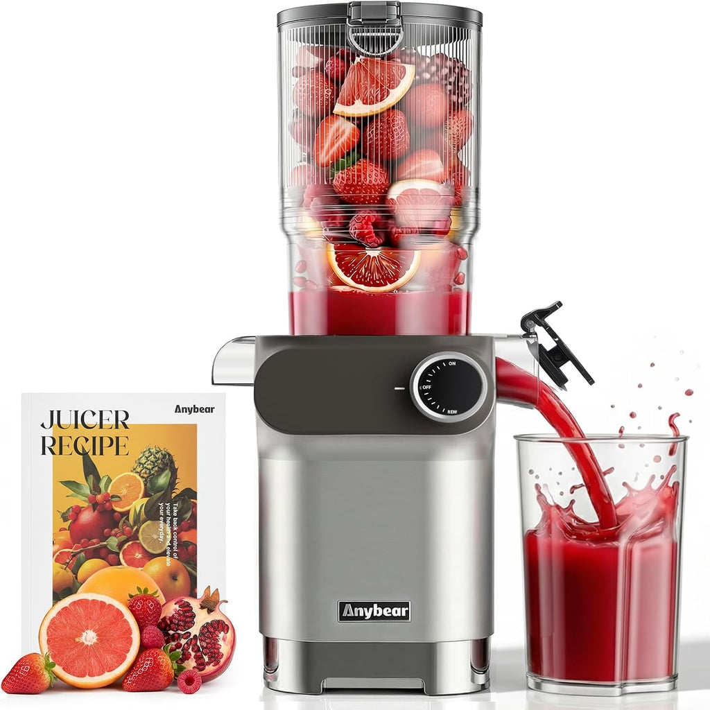 Anybear Cold Press Juicer 200W Masticating Slow Juicer 4.3' Large Feed Chute Fit Whole Fruits Vegetables | Upgraded Auger | Tritan Material | BPA Free | Juice Recipes (Argent Gray)