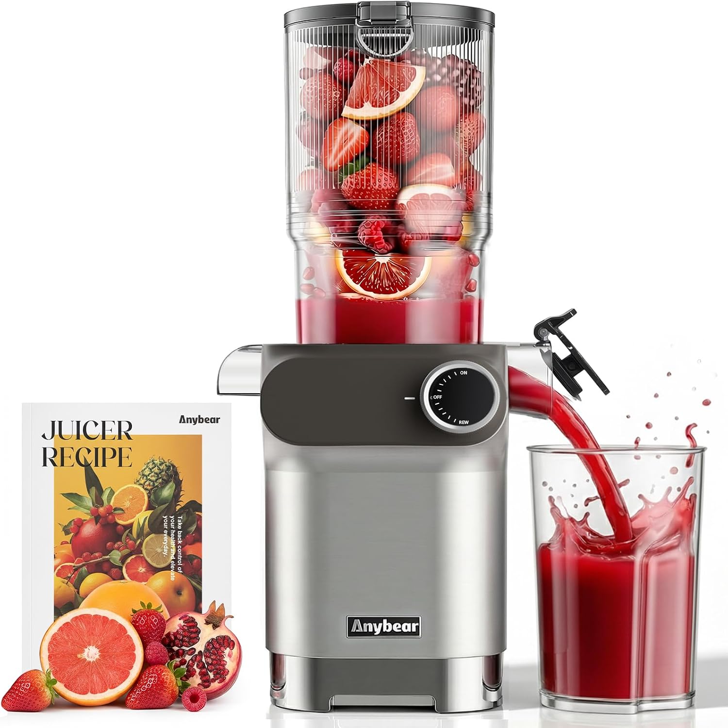Anybear Cold Press Juicer 200W Masticating Slow Juicer 4.3' Large Feed Chute Fit Whole Fruits Vegetables | Upgraded Auger | Tritan Material | BPA Free | Juice Recipes (Argent Gray)