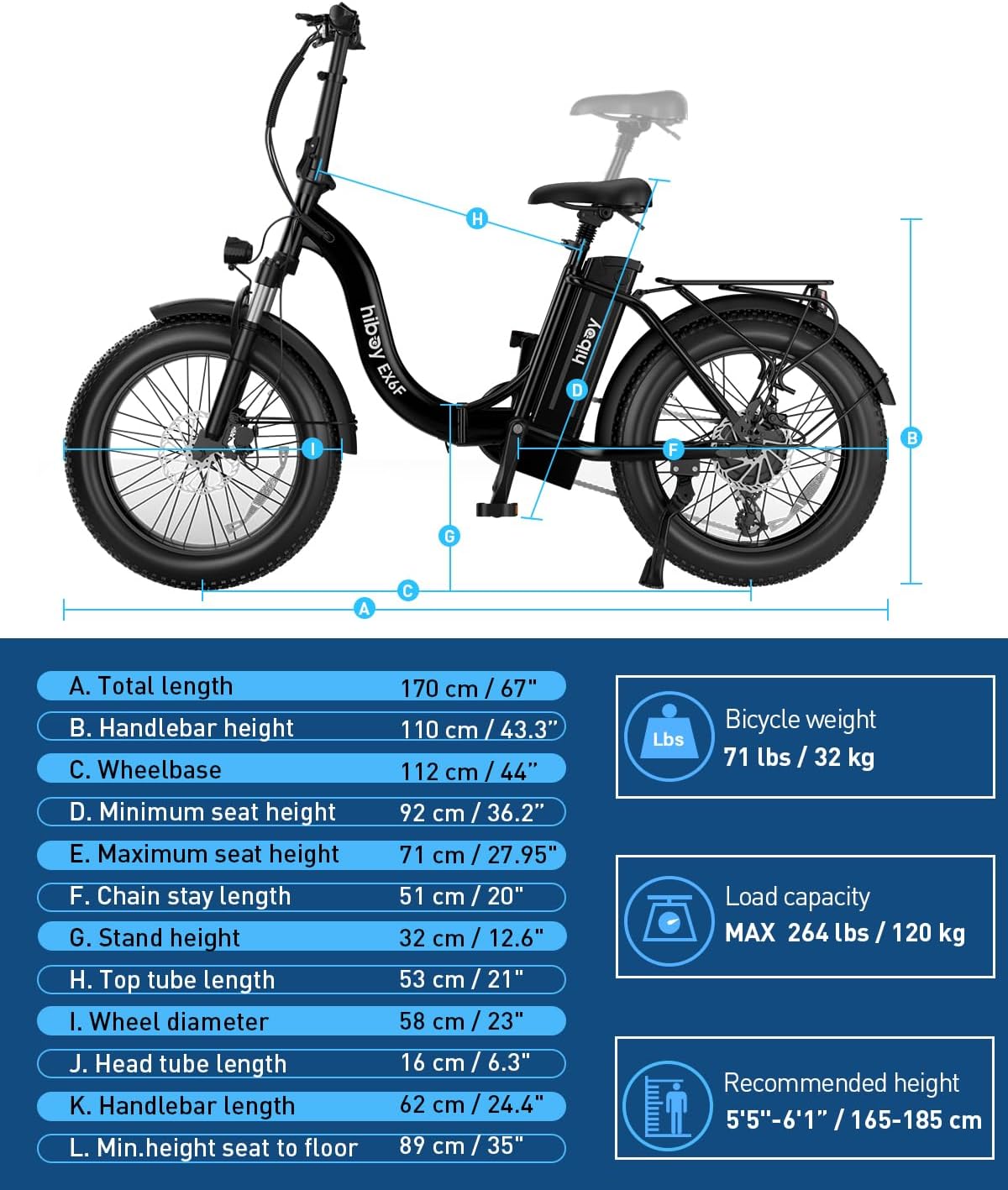 Hiboy EX6F Foldable Ebike for Adults, Built-in Phone Holder, 750W Peak, 20x4.0 Fat Tires, Removable 48V Battery, Hydraulic Fork, 7-Speed, Commuting/Outdoor
