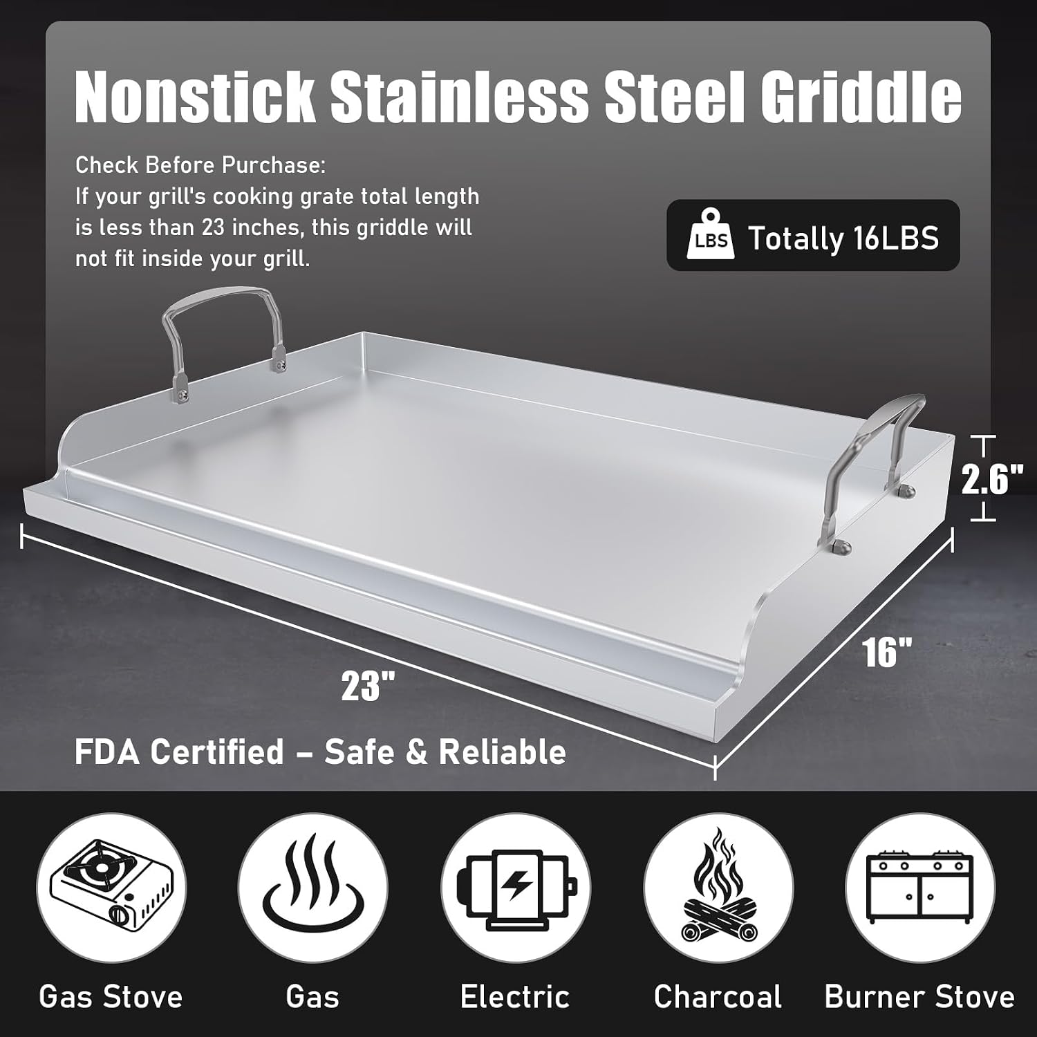 Universal Stainless Steel Cooking Griddle, Nonstick Flat Top Plate Insert for Gas Top Stove and Charcoal Grills, Tailgating, Camping and Parties, 23' x 16' Plancha Para Cocinar