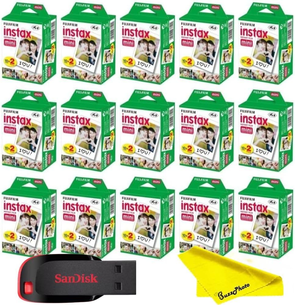 Fujifilm Instax Mini Instant Camera Film with Sandisk 32 GB USB Flash Drive + 15 x Mini Twin Packs (300 Sheets) and Buzz-Photo Microfiber Cleaning Cloth