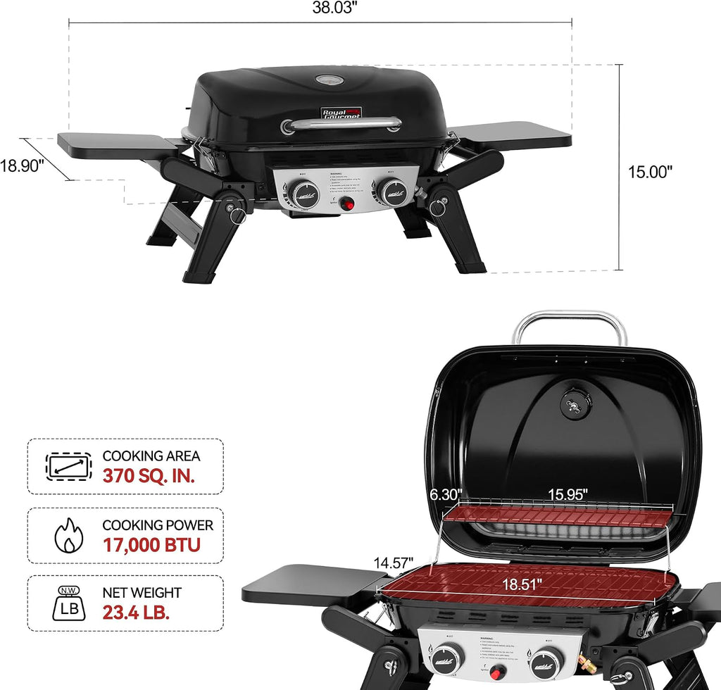 2-Burner Portable Propane Gas Grill with Foldable Side Tables and Legs, Outdoor Tabletop Gas Grill with Warming Rack for Travel, Picnic, Tailgate, Camping, Black, GT2005-SC