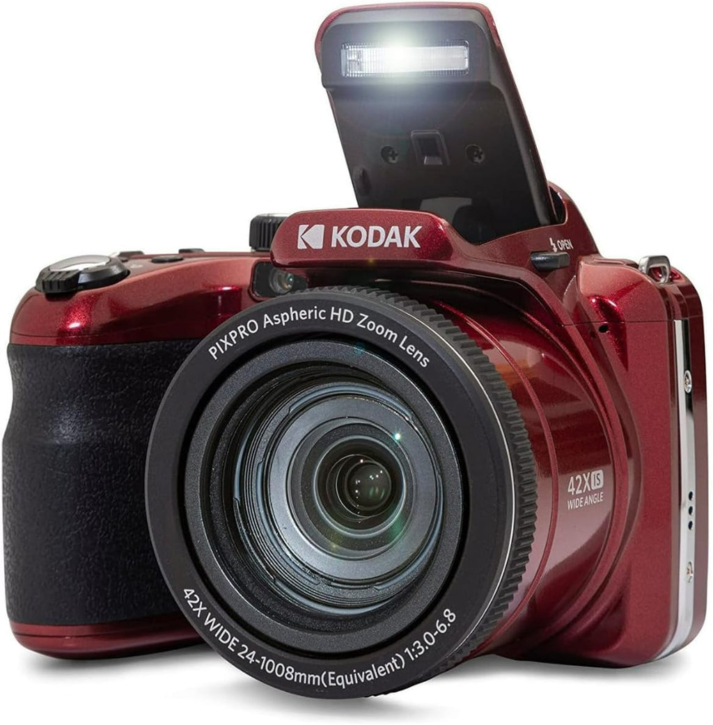 Kodak AZ425 PIXPRO Astro 20MP Digital Camera (Red) Bundle with 32GB Memory Card, Rechargeable Battery and Charger Kit Compatible with Casio NP-40 and Kodak LB-060, and Holster Camera Case (4 Items)