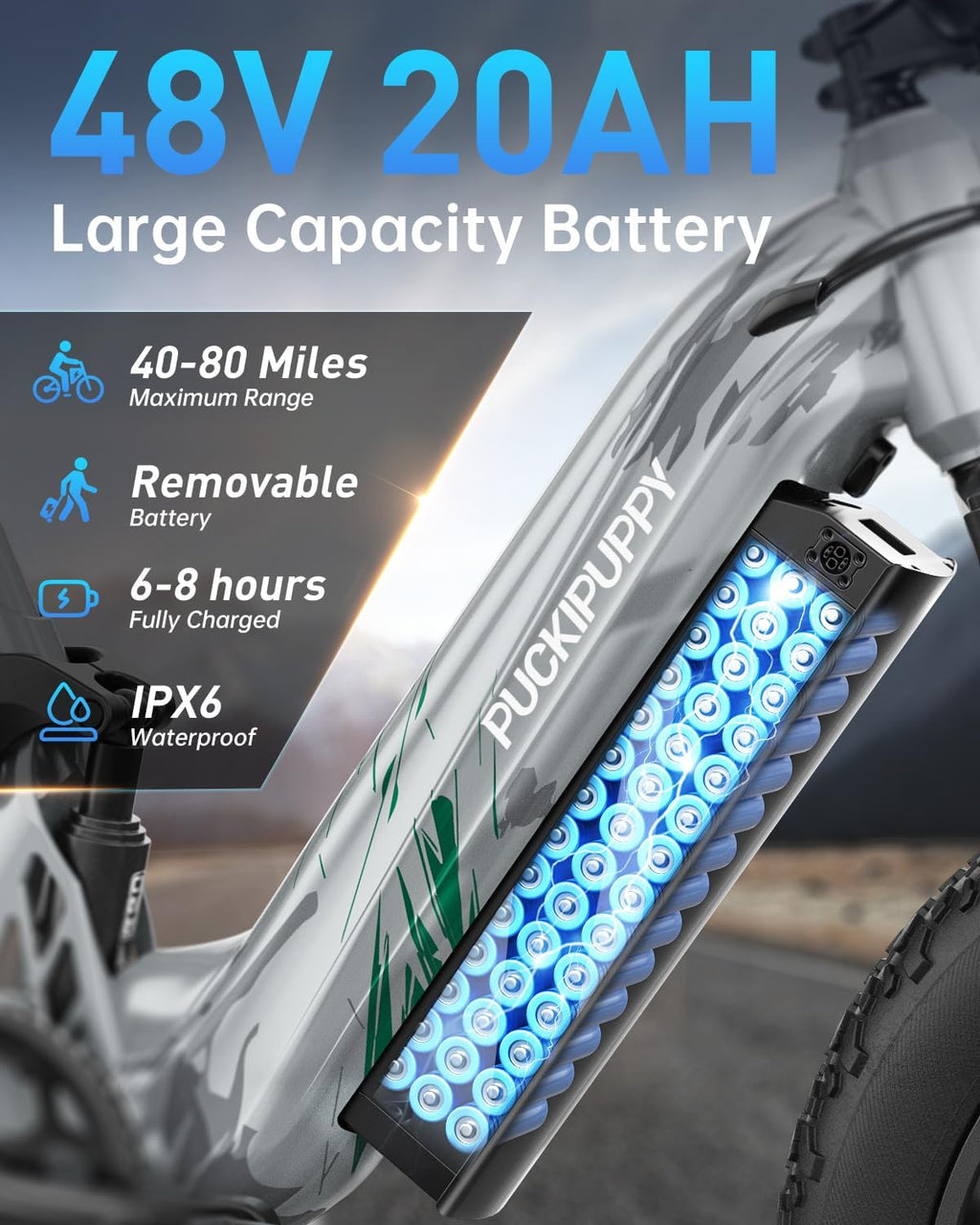 PUCKIPUPPY Electric Bike Mountain Ebike 20'' Fat Tire 7 Speed for Adults | 960W, 48V 20Ah Battery, Full Suspension, 28MPH, 80Miles Range, LCD Display