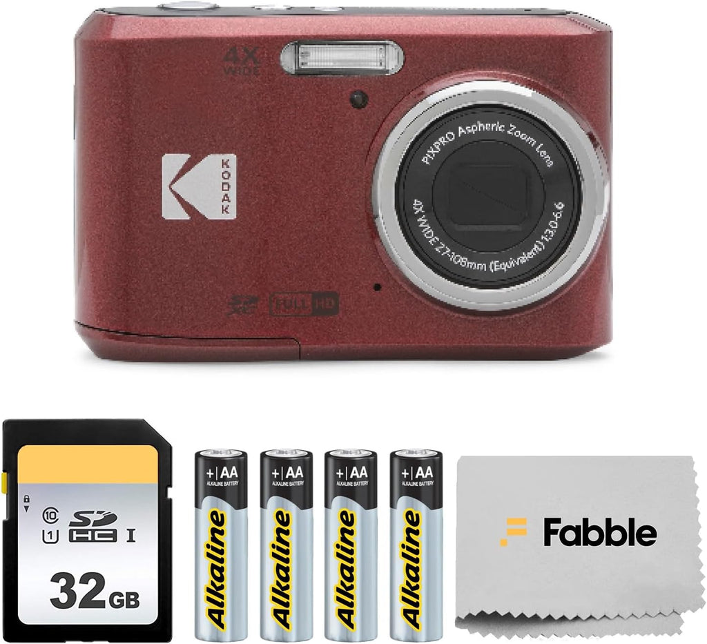 KODAK PIXPRO FZ45 16MP Digital Camera with 4X Optical Zoom 27mm Wide Angle and 2.7' LCD Screen Bundle with 32GB SD Memory Card, AA Batteries (4 Pack), Lens Cleaning Cloth (Red)