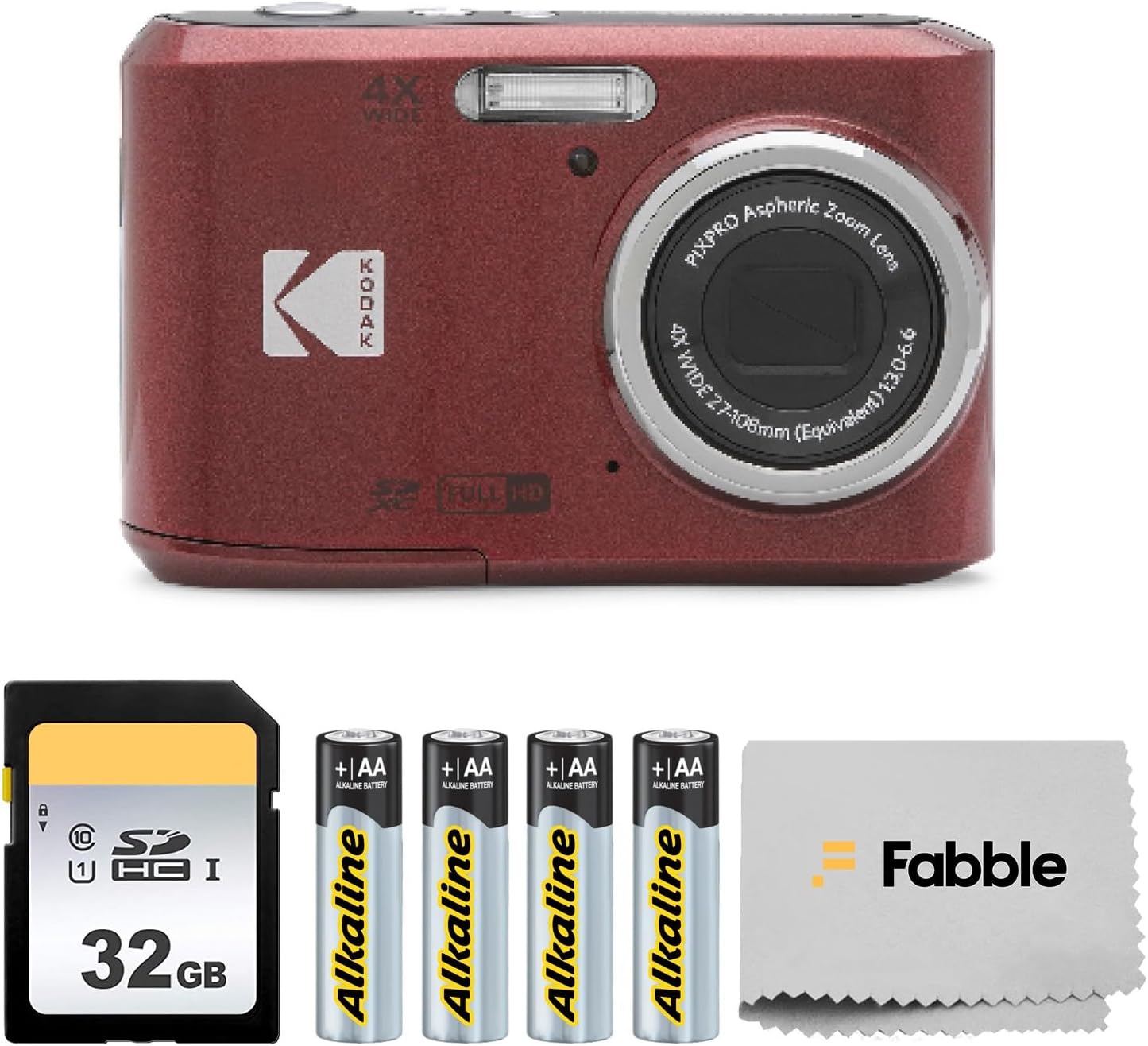 KODAK PIXPRO FZ45 16MP Digital Camera with 4X Optical Zoom 27mm Wide Angle and 2.7' LCD Screen Bundle with 32GB SD Memory Card, AA Batteries (4 Pack), Lens Cleaning Cloth (Red)