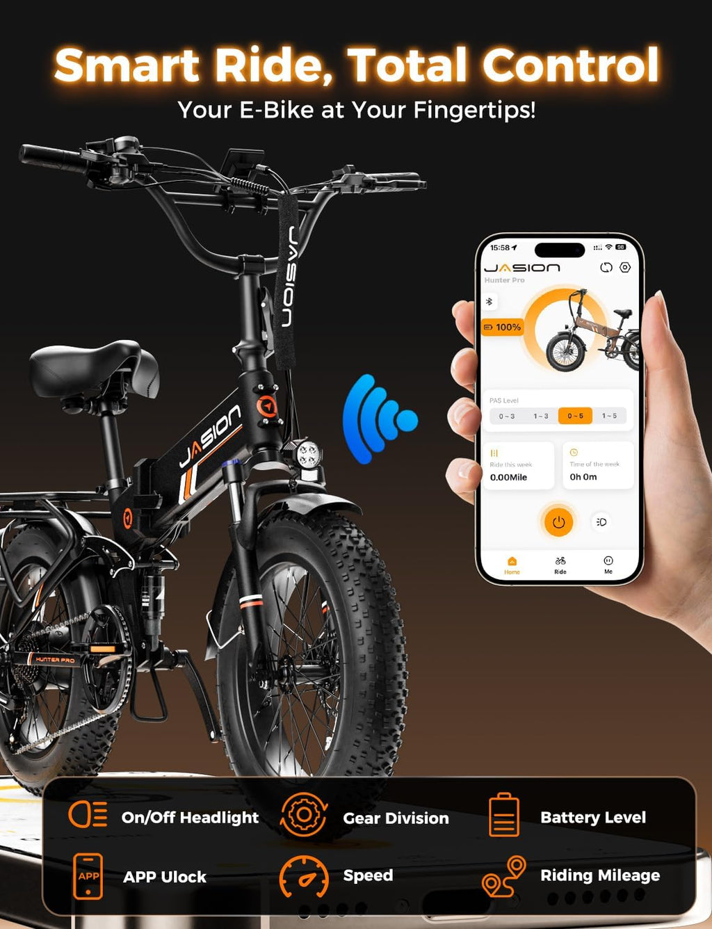 Jasion X Hunter/PRO Electric Bike for Adults,1800W/1400W Peak 20''Fat Tire Foldable Ebike,Folding E Bike Up to 80/70 Miles Range,720/624WH Removable Battery,30 MPH E Bike,Certified by UL2849