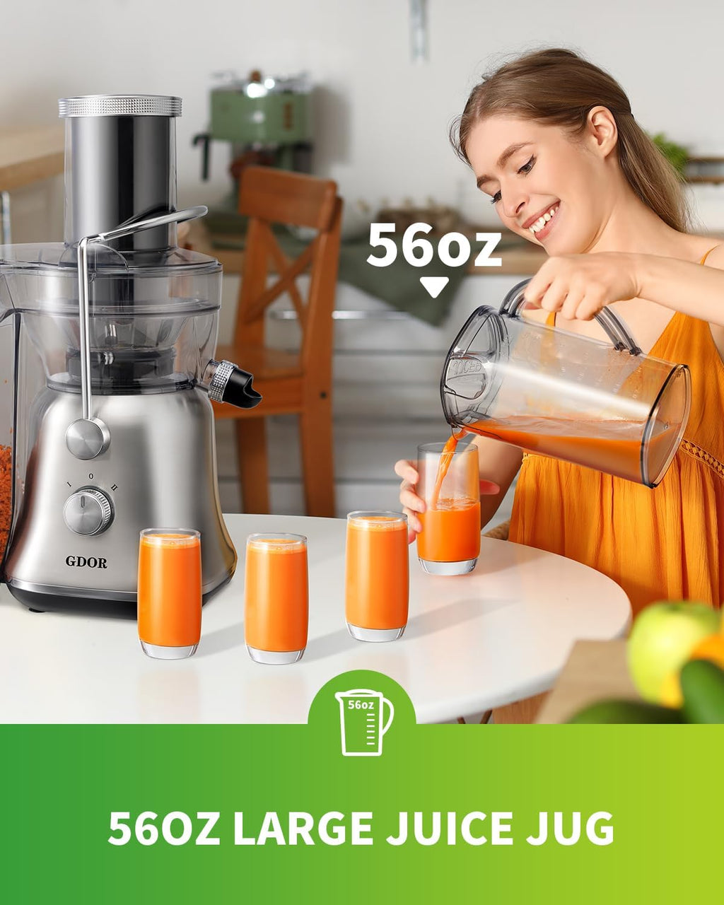 GDOR 1300W Powerful Juicer with Larger 3.4' Feed Chute, Titanium Enhanced Cutting System, Centrifugal Juice Extractor Maker with Heavy Duty Full Copper Motor, Dual Speeds, BPA-Free, Silver