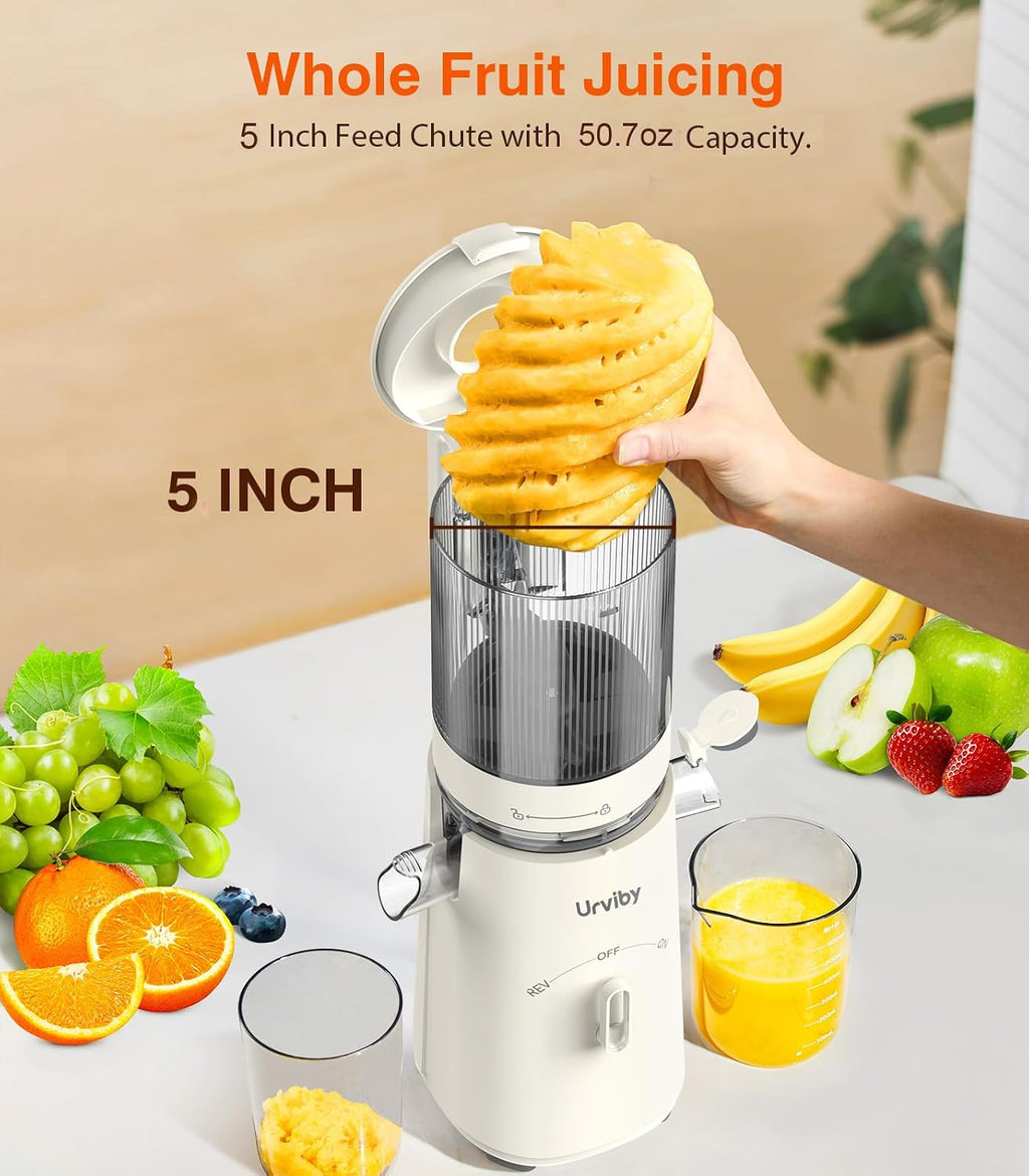 Juicer Machines, 2-in-1 Cold Press Juicer for Juice & Sorbet, suit for Vegetable and Fruit with 5-Inch Wide Chute, Powerful Masticating//High-Yield High Nutrients/Rev Mode/Easier Clean (White)