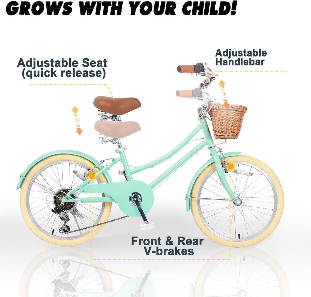 Glerc 20 24 26 Inch Beach Cruiser Bike, 6-Speed Hybrid City Bicycle for Girls Youth and Over 6 Years Old, Missy Bike with Wicker Basket & Lightweight, Multiple Colors