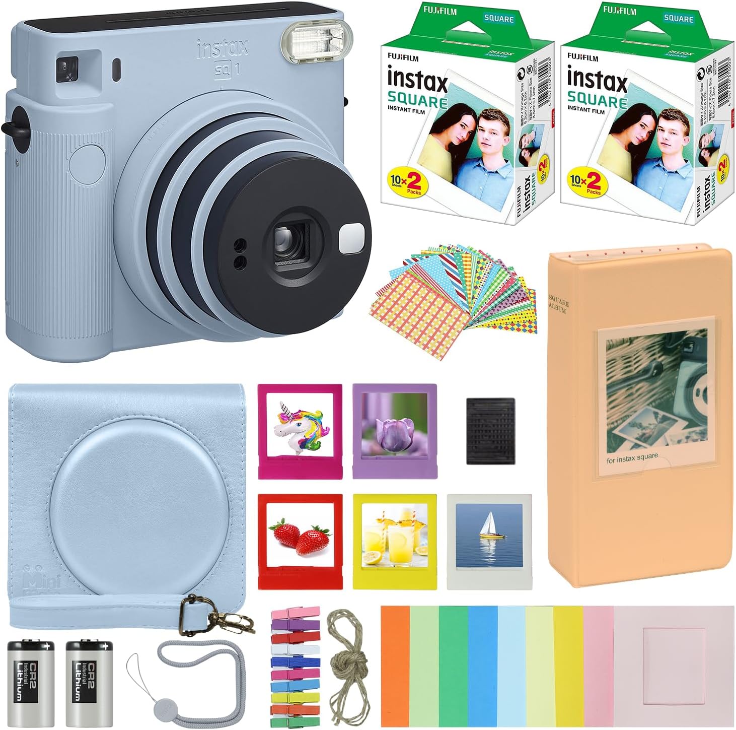 Fujifilm Instax Square SQ1 Instant Camera Glacier Blue with Carrying Case + Fuji Instax Film Value Pack (40 Sheets) Accessories Bundle, Photo Album, Assorted Frames + More