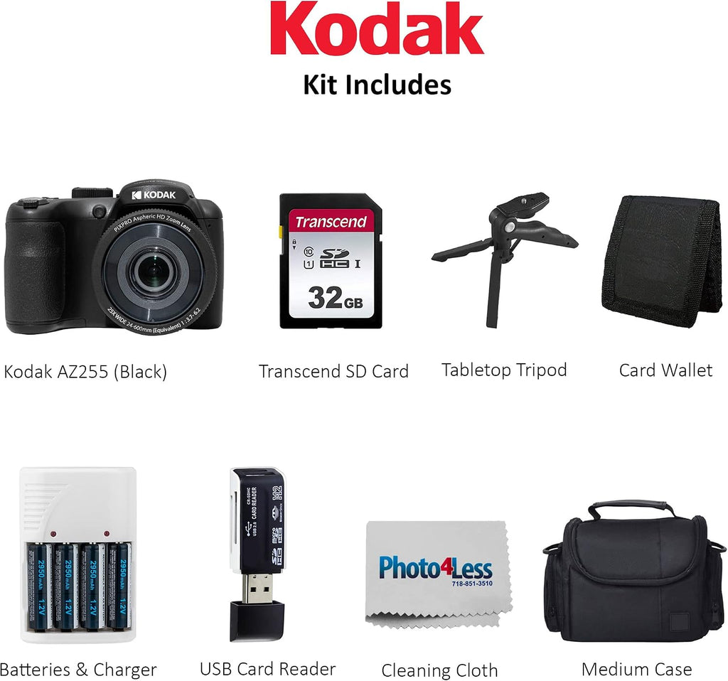 Kodak PIXPRO AZ255 Digital Camera (Black) Bundle with Point & Shoot Camera Case + 32GB SD Memory Card + Rechargeable Batteries & Charger + USB Card Reader + Table Tripod + Accessories