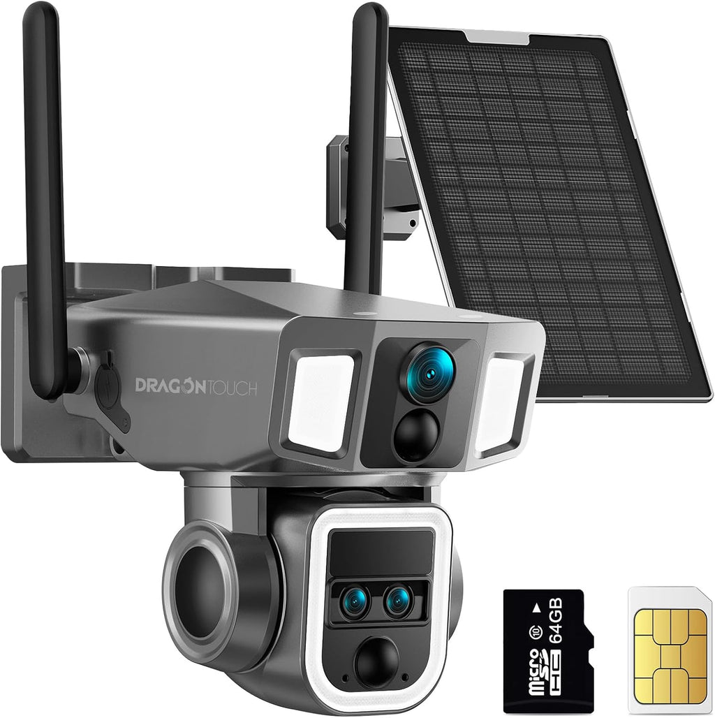 Dragon Touch 4G LTE Cellular Security Camera Outdoor, 4K Wireless Solar Bullet-PTZ Cam, 3 Lens, 10x Optical Zoom, 4G or WiFi 2 Mode, 360° PTZ AI Tracking, SIM Card and 64GB SD Card Included