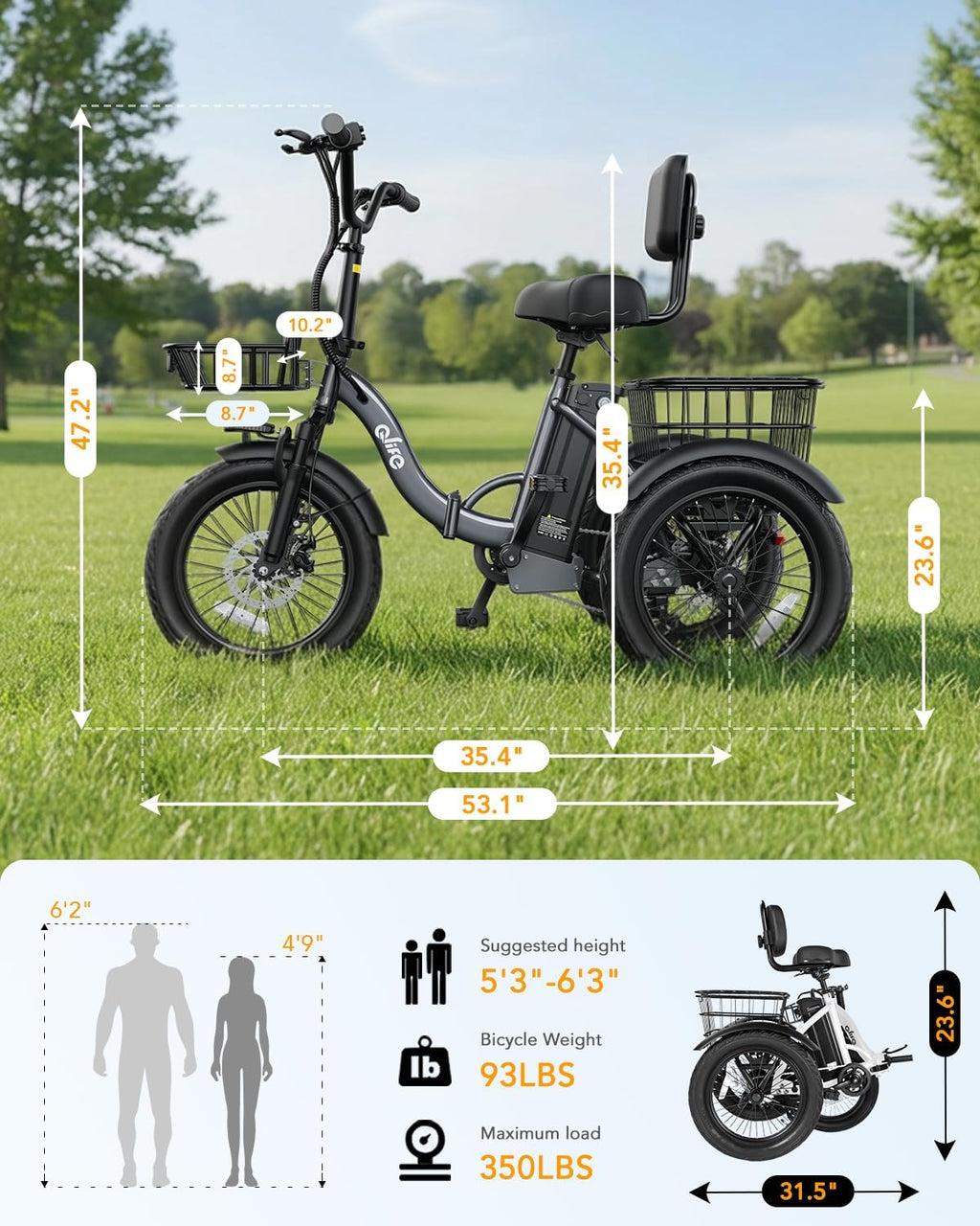 Qlife Triker Electric Bike, 1200W Brushless Motor Folding Trike Ebike, 48V10.4AH Removable Battery, 3 Wheel Electric Bicycle, 18 Tire Tricycle for Adults