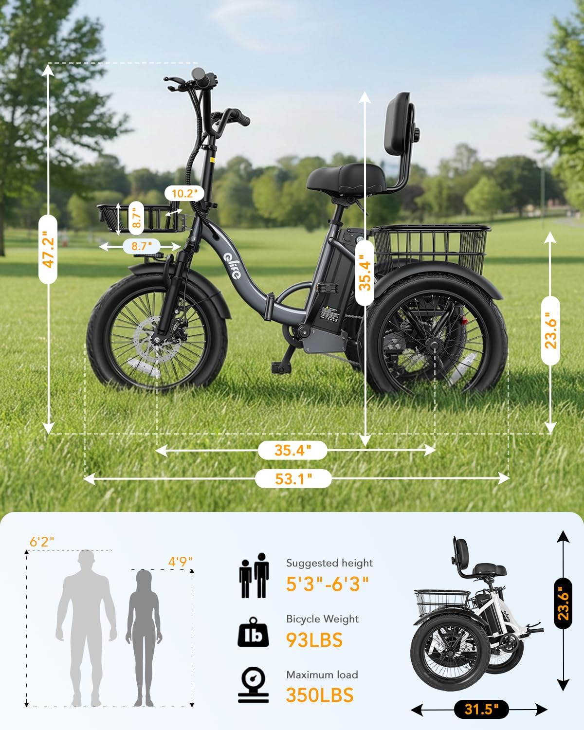 Qlife Triker Electric Bike, 1200W Brushless Motor Folding Trike Ebike, 48V10.4AH Removable Battery, 3 Wheel Electric Bicycle, 18 Tire Tricycle for Adults