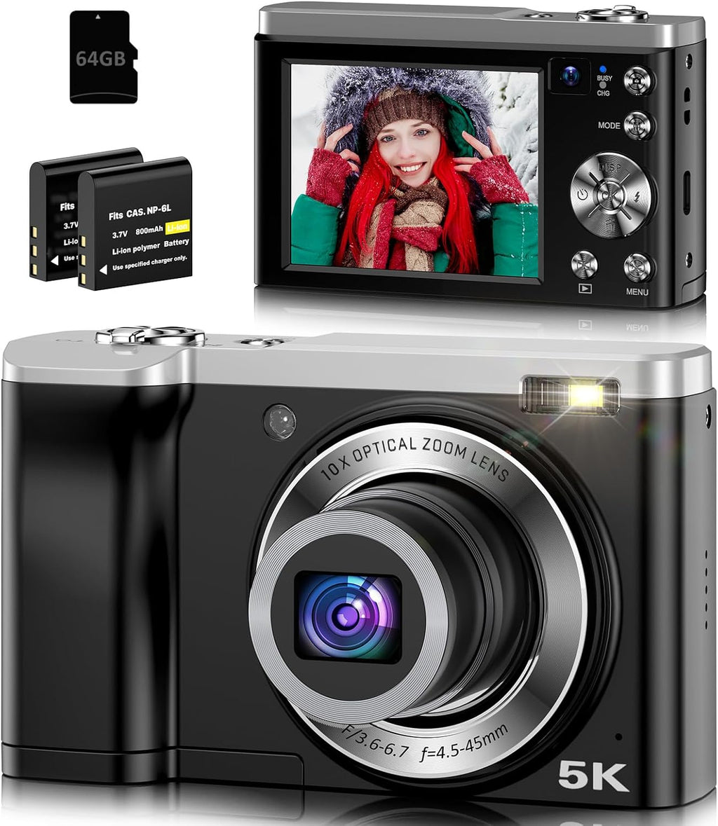 5K Digital Camera 10X Optical Zoom, 56MP Cameras for Photography with Front and Rear Dual Cameras, Vlogging Camera for Photography Travel Camera with 2.8' IPS Touchscreen, 64G Micro Card & 2 Batteries