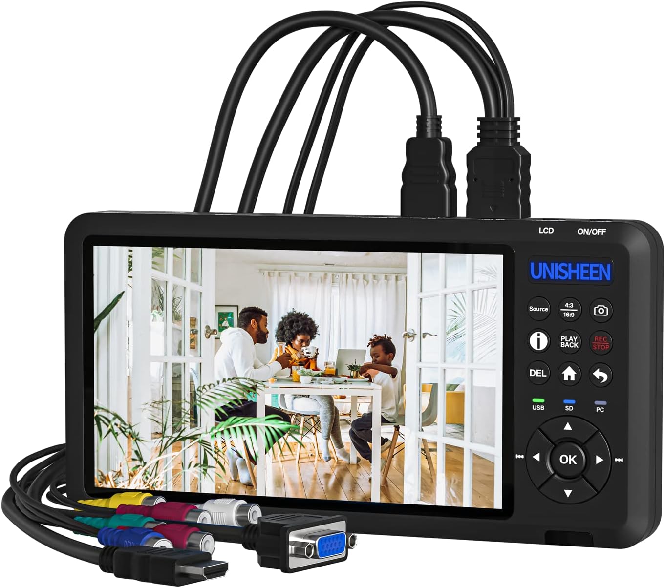 Video Recorder 1080P 60FPS USB2.0 with 7' Screen, DVI/HDMI/CVBS/VGA/YPBPR Capture from VCR, DVD, VHS Tapes, Camcorders, Hi8 - No Computer Required